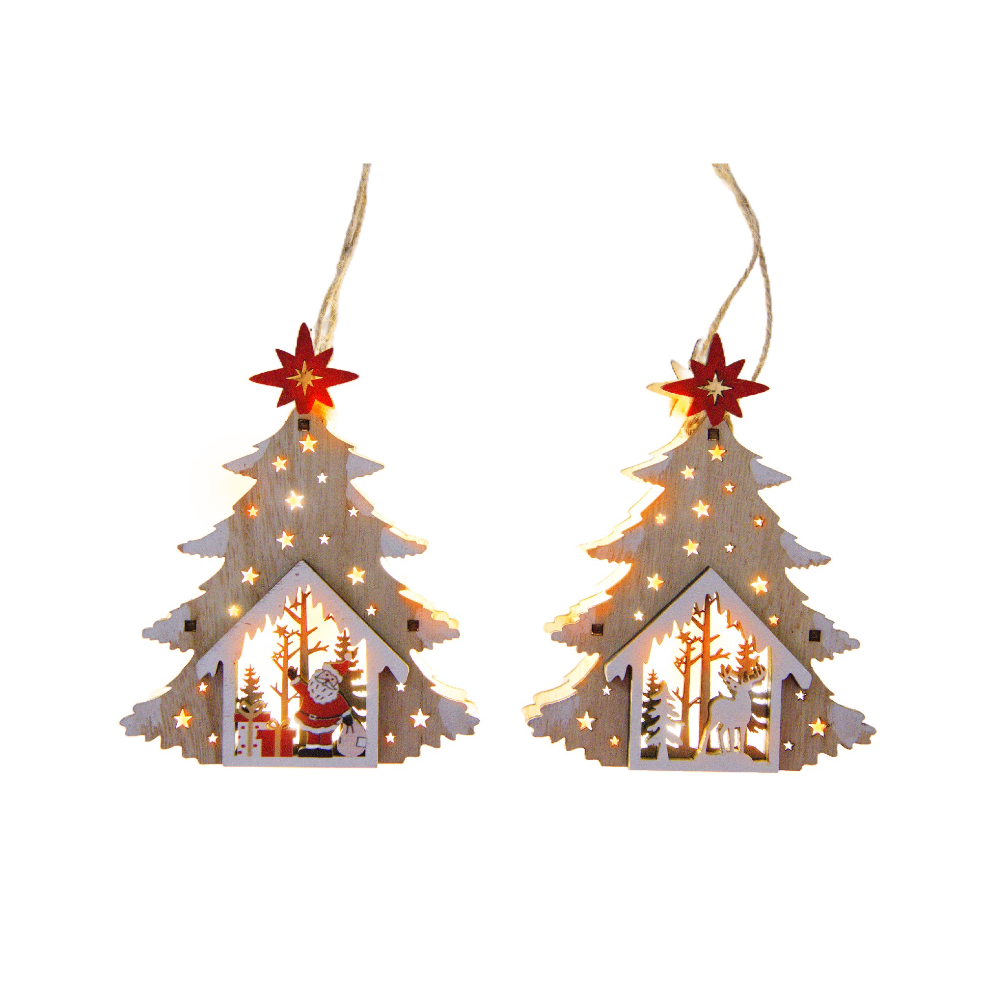 LED Wooden Ornament Tree Reindeer / Santa Assorted, Christmas, Ornament, Holiday Decor- Set of 12