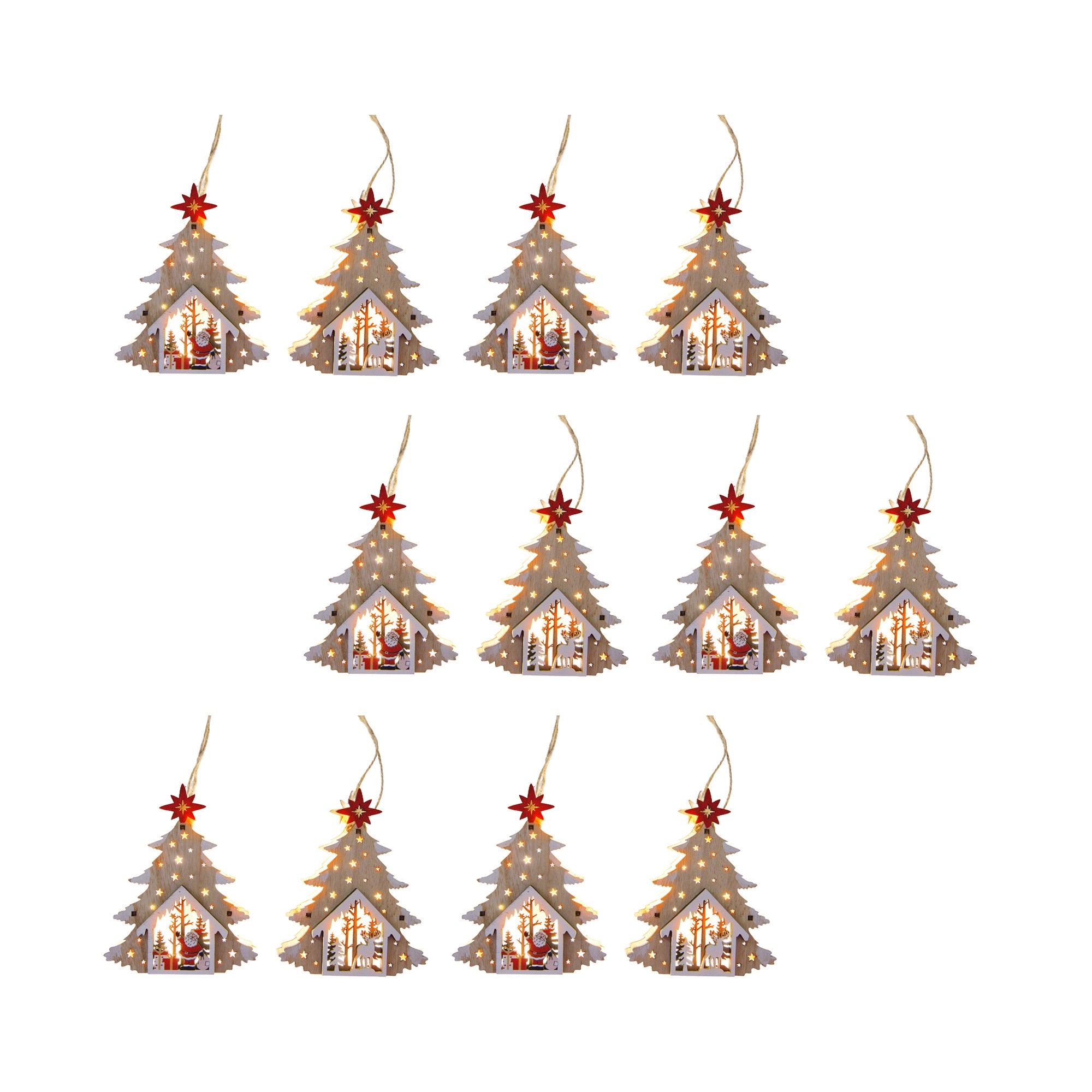 LED Wooden Ornament Tree Reindeer / Santa Assorted, Christmas, Ornament, Holiday Decor- Set of 12