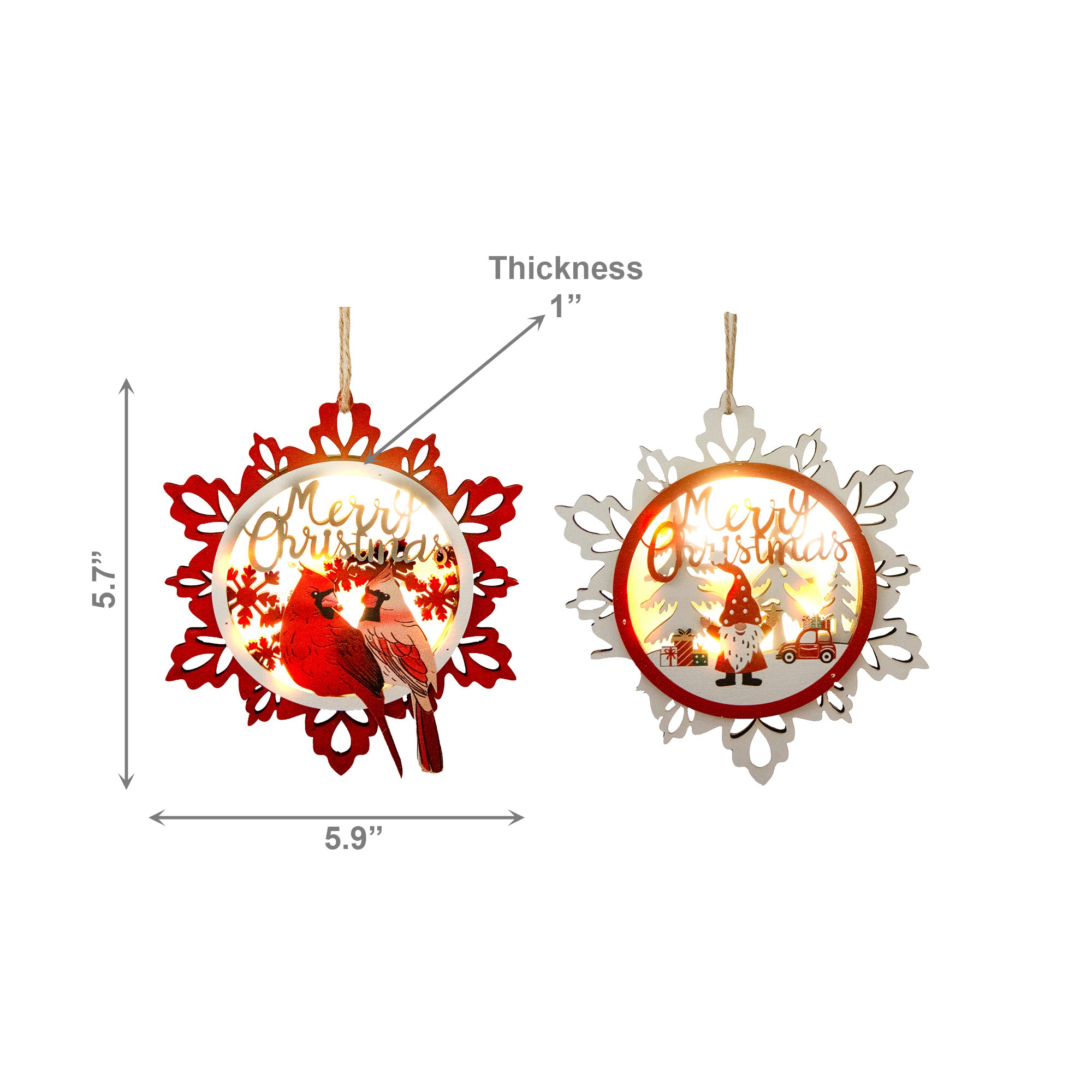 LED Wooden Ornament Snowflake Merry Christmas Assorted, Christmas, Ornament, Holiday Decor- Set of 12