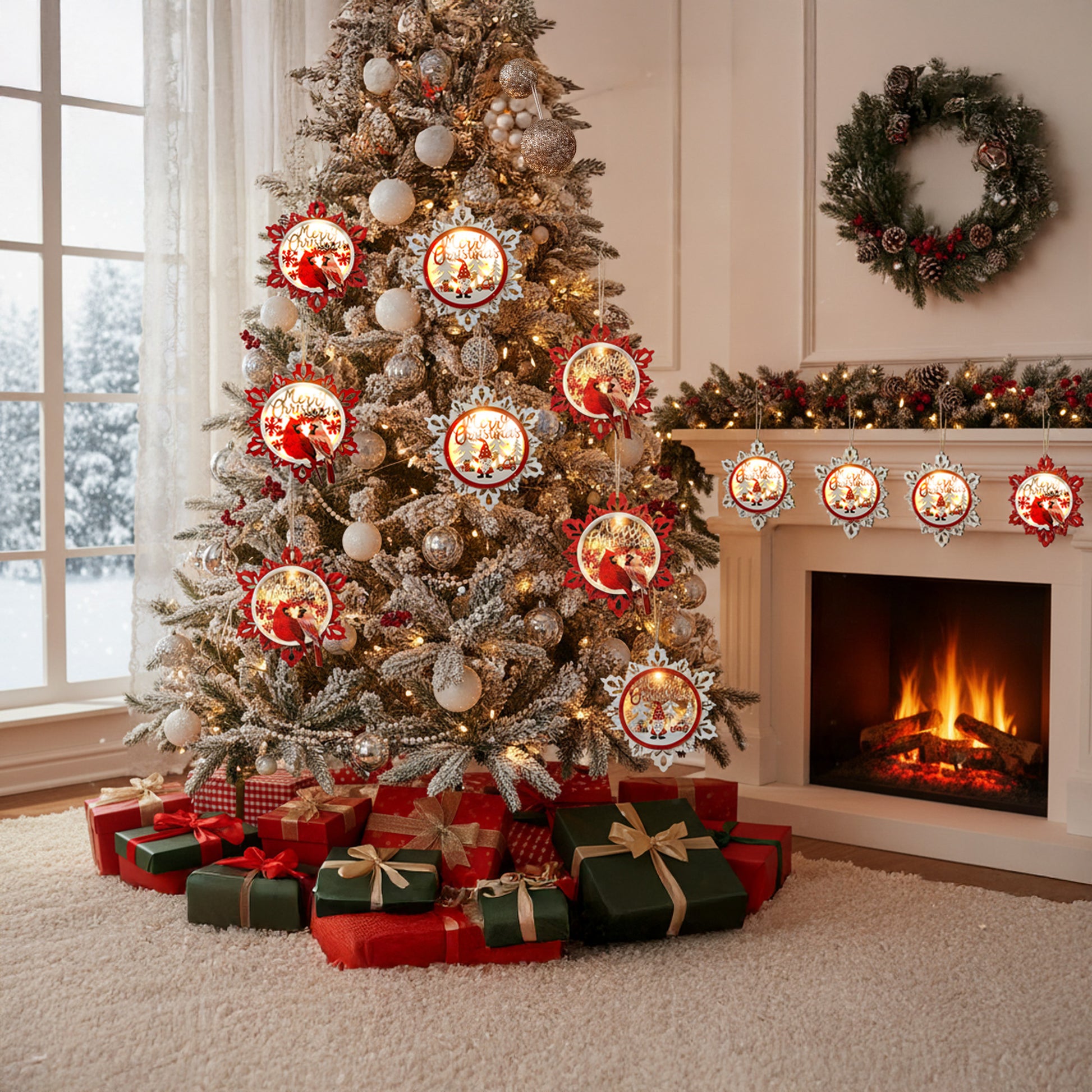 LED Wooden Ornament Snowflake Merry Christmas Assorted, Christmas, Ornament, Holiday Decor- Set of 12