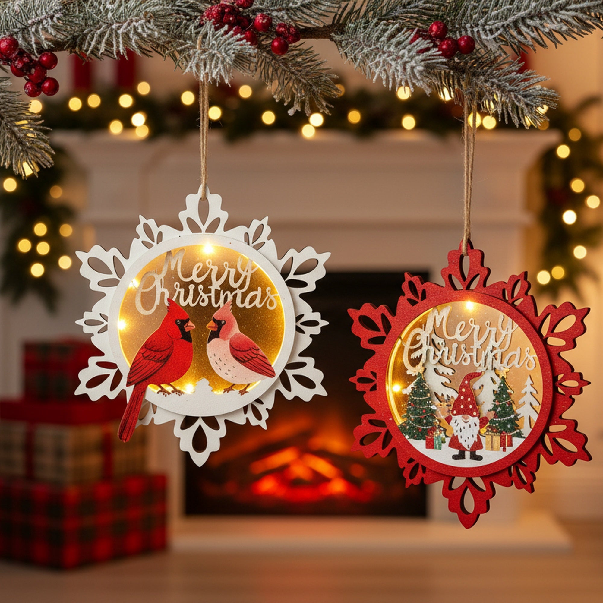LED Wooden Ornament Snowflake Merry Christmas Assorted, Christmas, Ornament, Holiday Decor- Set of 12