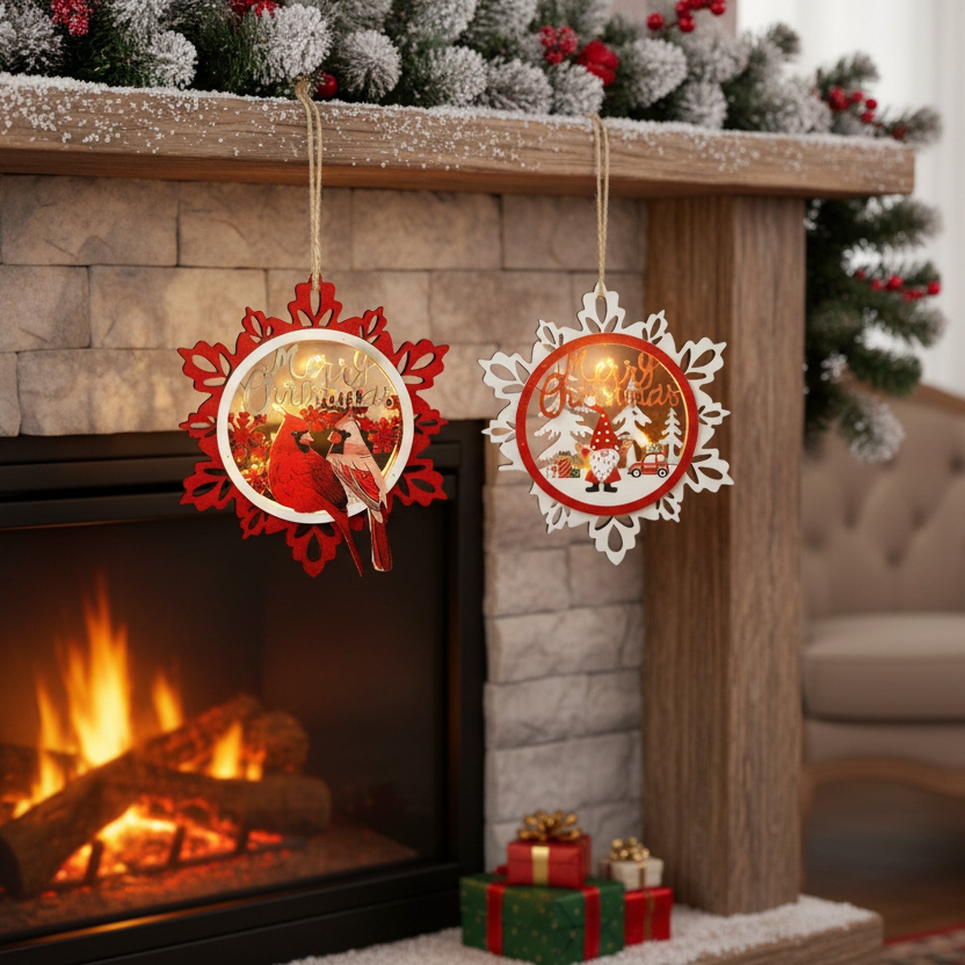 LED Wooden Ornament Snowflake Merry Christmas Assorted, Christmas, Ornament, Holiday Decor- Set of 12