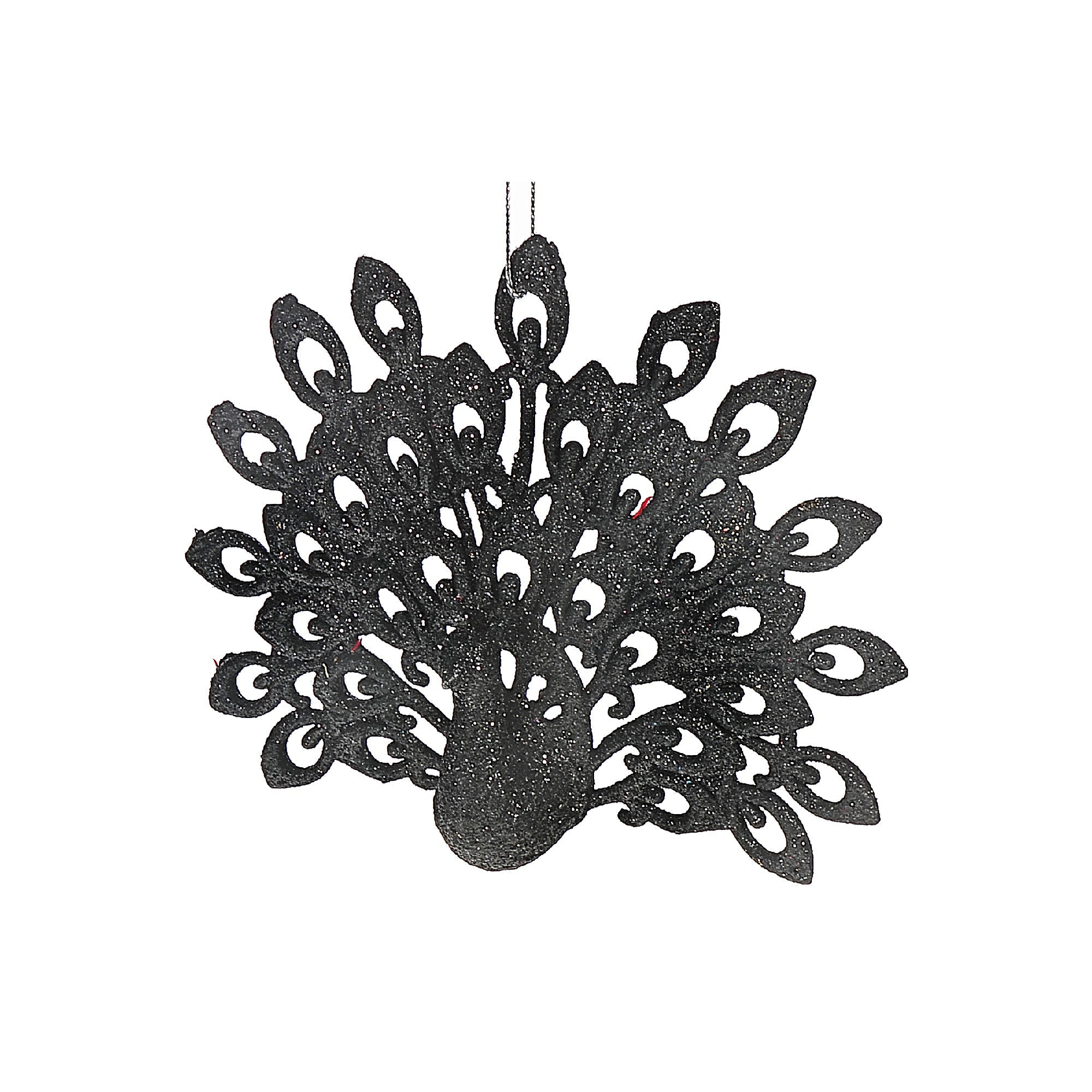 Christmas Black Glitter Peacock Ornament Set Of 12, Holiday Tree Decor, Festive Home Accent