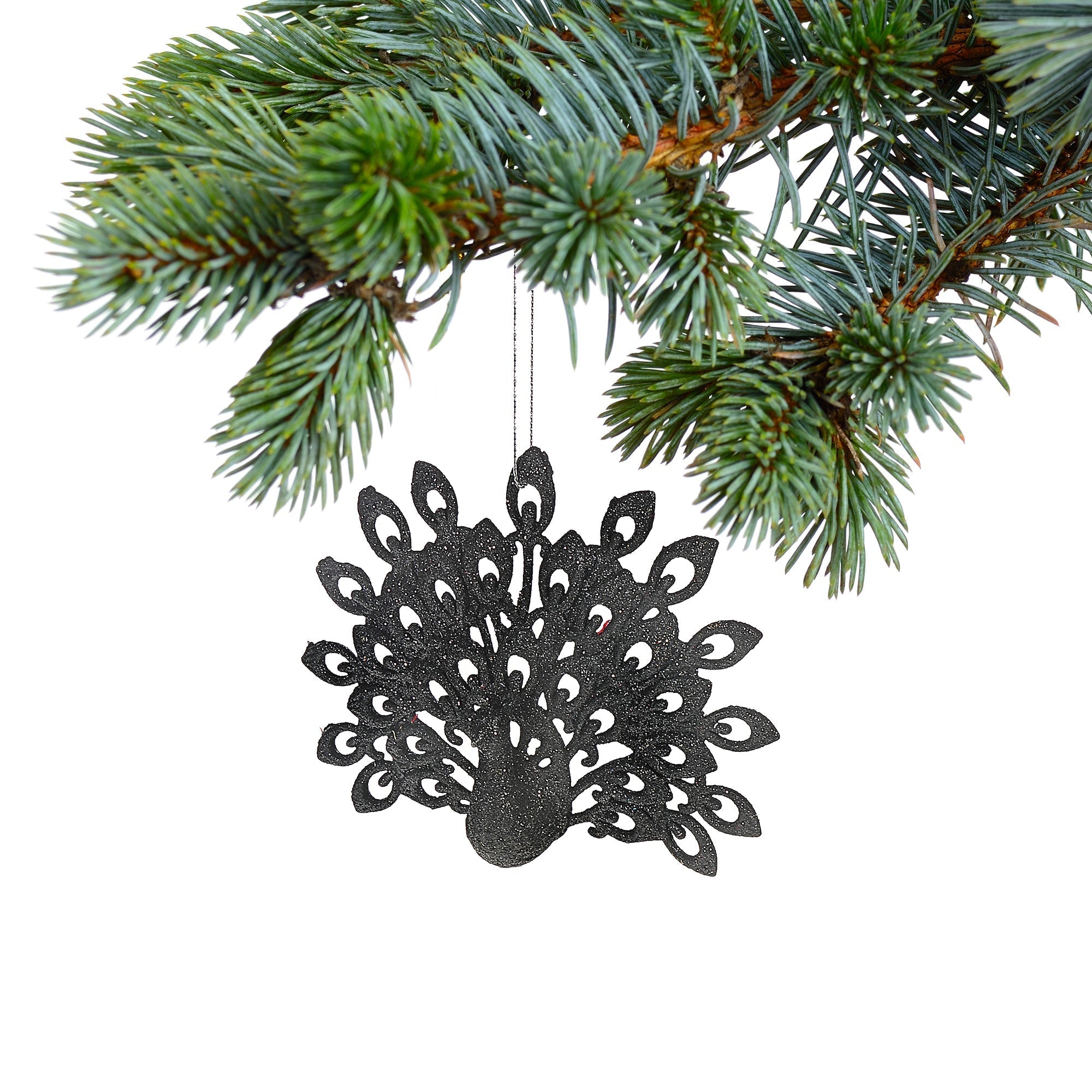 Christmas Black Glitter Peacock Ornament Set Of 12, Holiday Tree Decor, Festive Home Accent