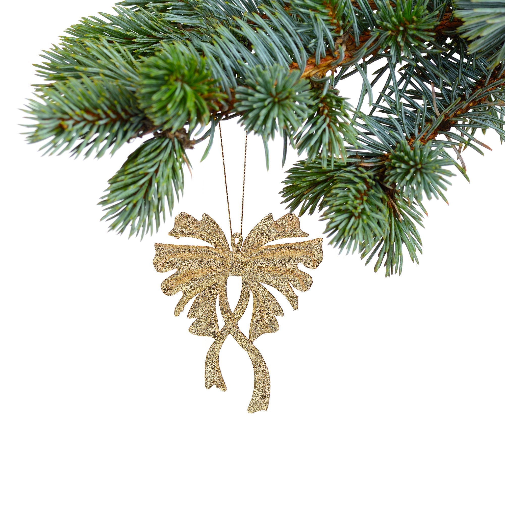 Christmas Gold Glitter Bow Ornament Set Of 12, Holiday Tree Decoration, Festive Accent