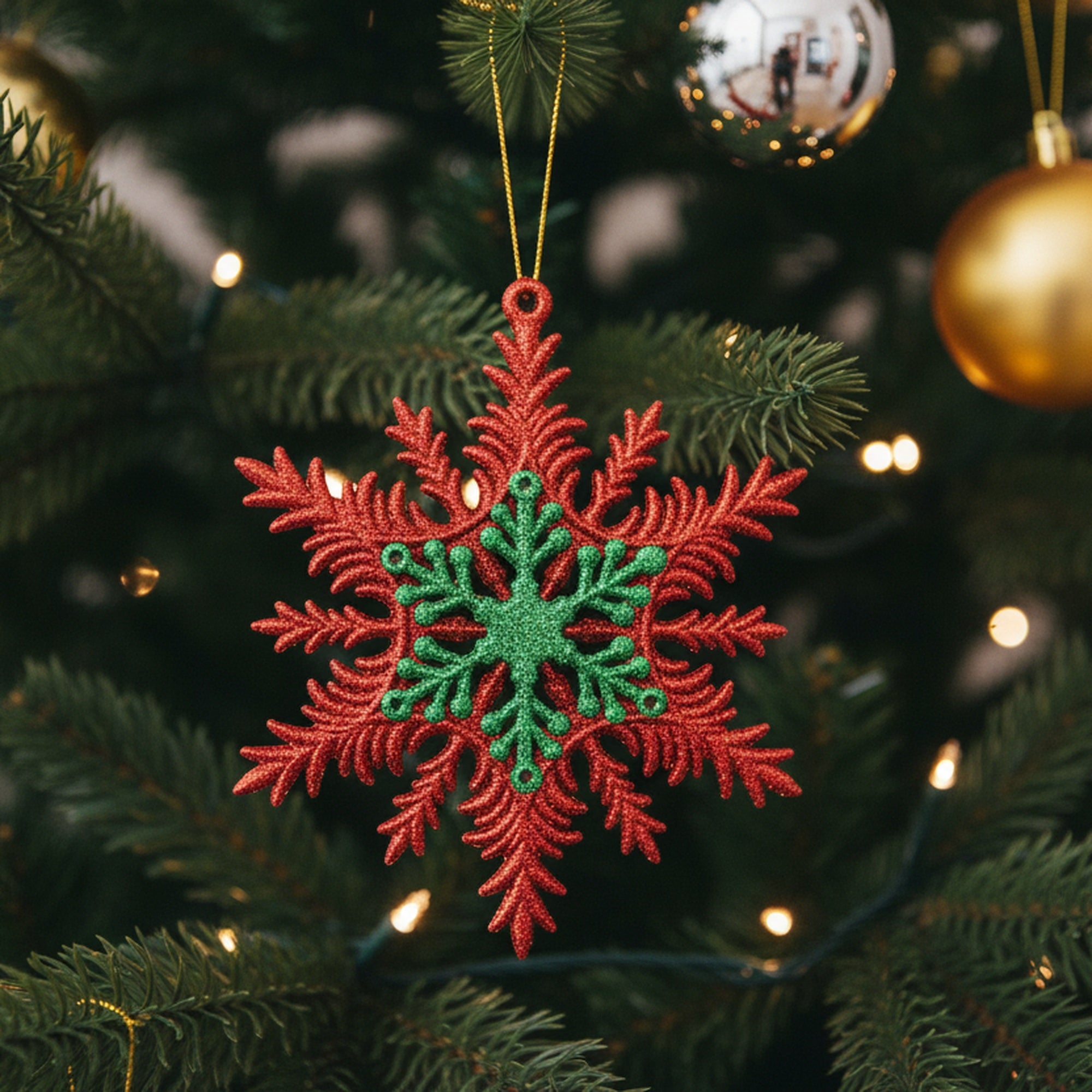 Red and Green Glittered Ornament Snowflake, Christmas, Ornament, Holiday Decor- Set of 12