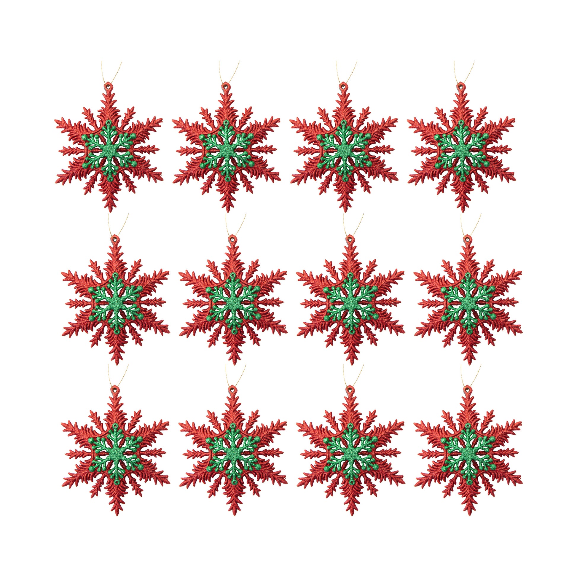 Red and Green Glittered Ornament Snowflake, Christmas, Ornament, Holiday Decor- Set of 12