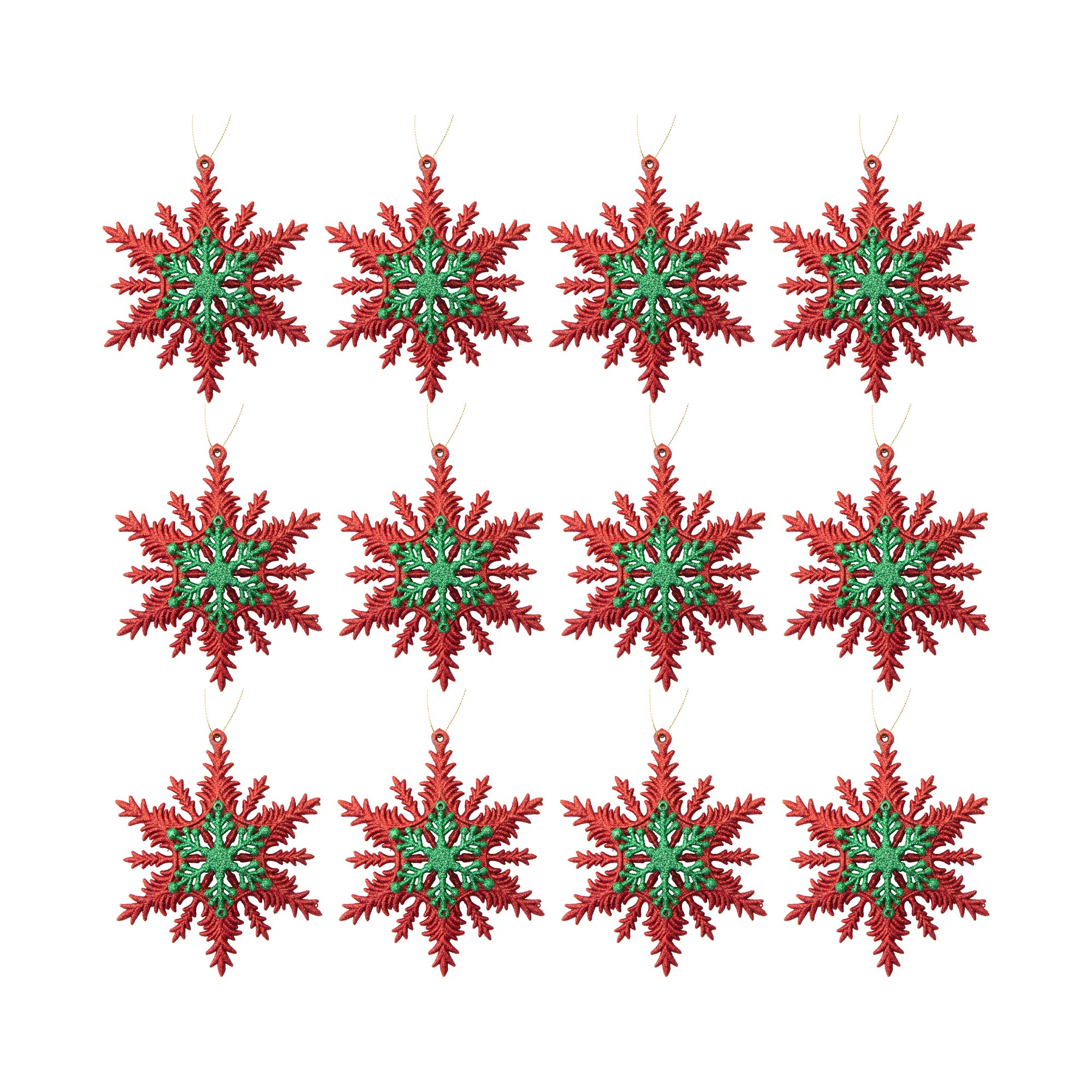 Red and Green Glittered Ornament Snowflake, Christmas, Ornament, Holiday Decor- Set of 12