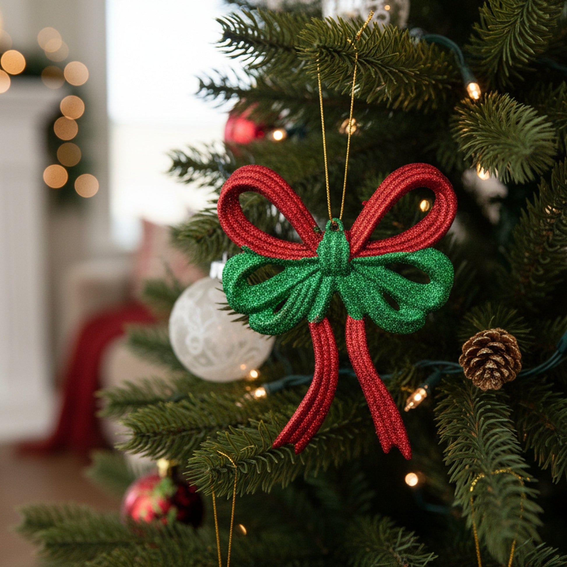Red and Green Glittered Ornament Bow, Ornament, Holiday Decor- Set of 12