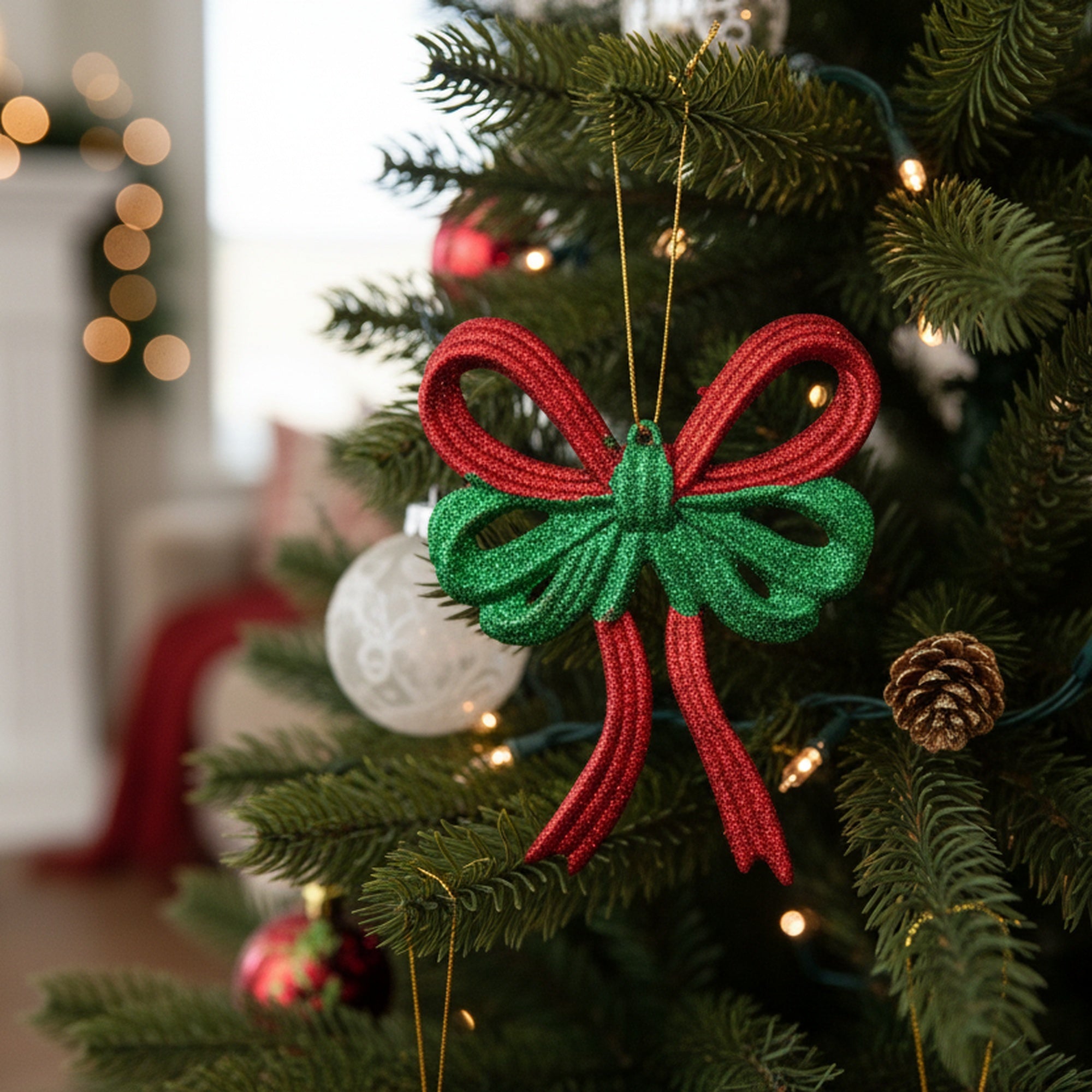 Red and Green Glittered Ornament Bow, Ornament, Holiday Decor- Set of 12