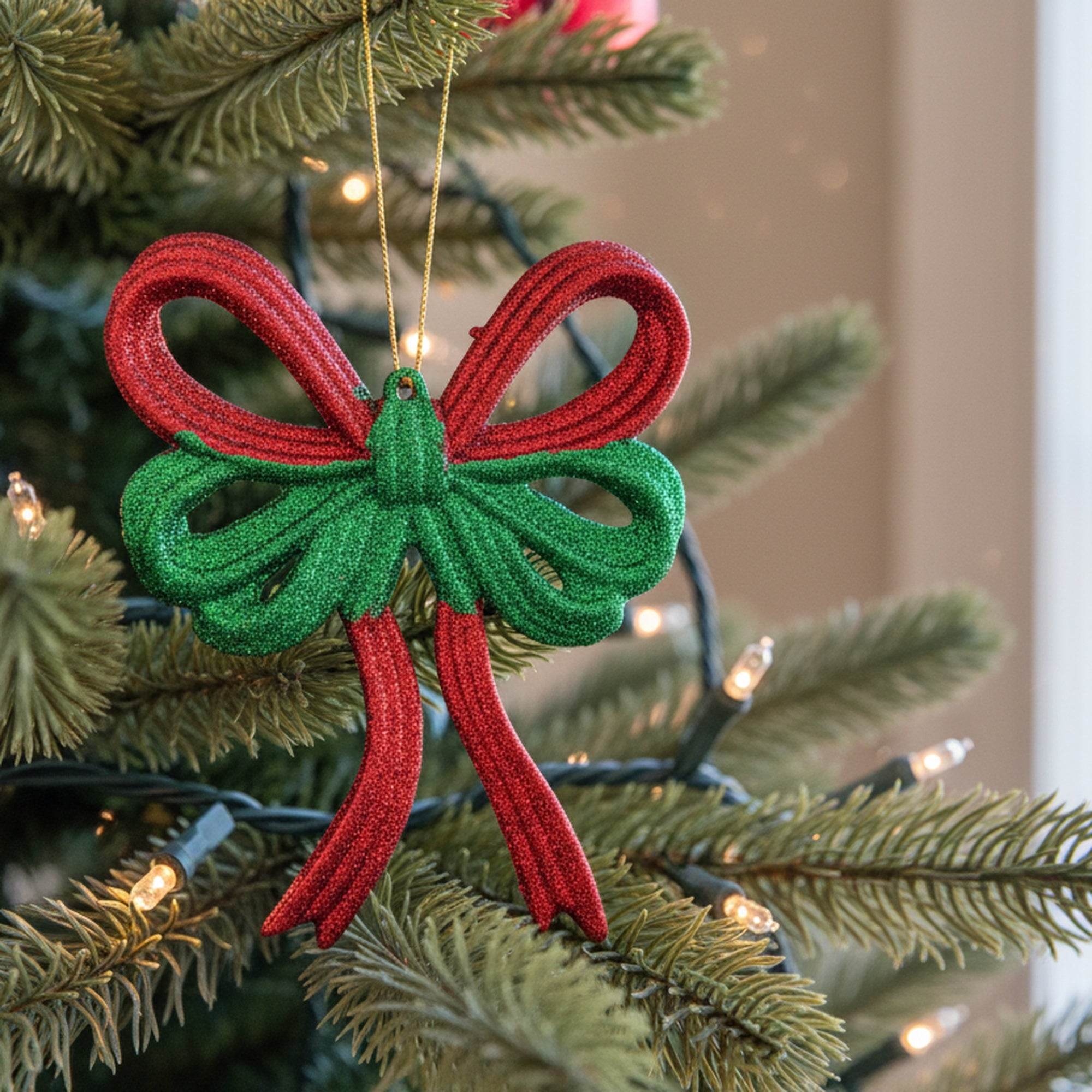 Red and Green Glittered Ornament Bow, Ornament, Holiday Decor- Set of 12