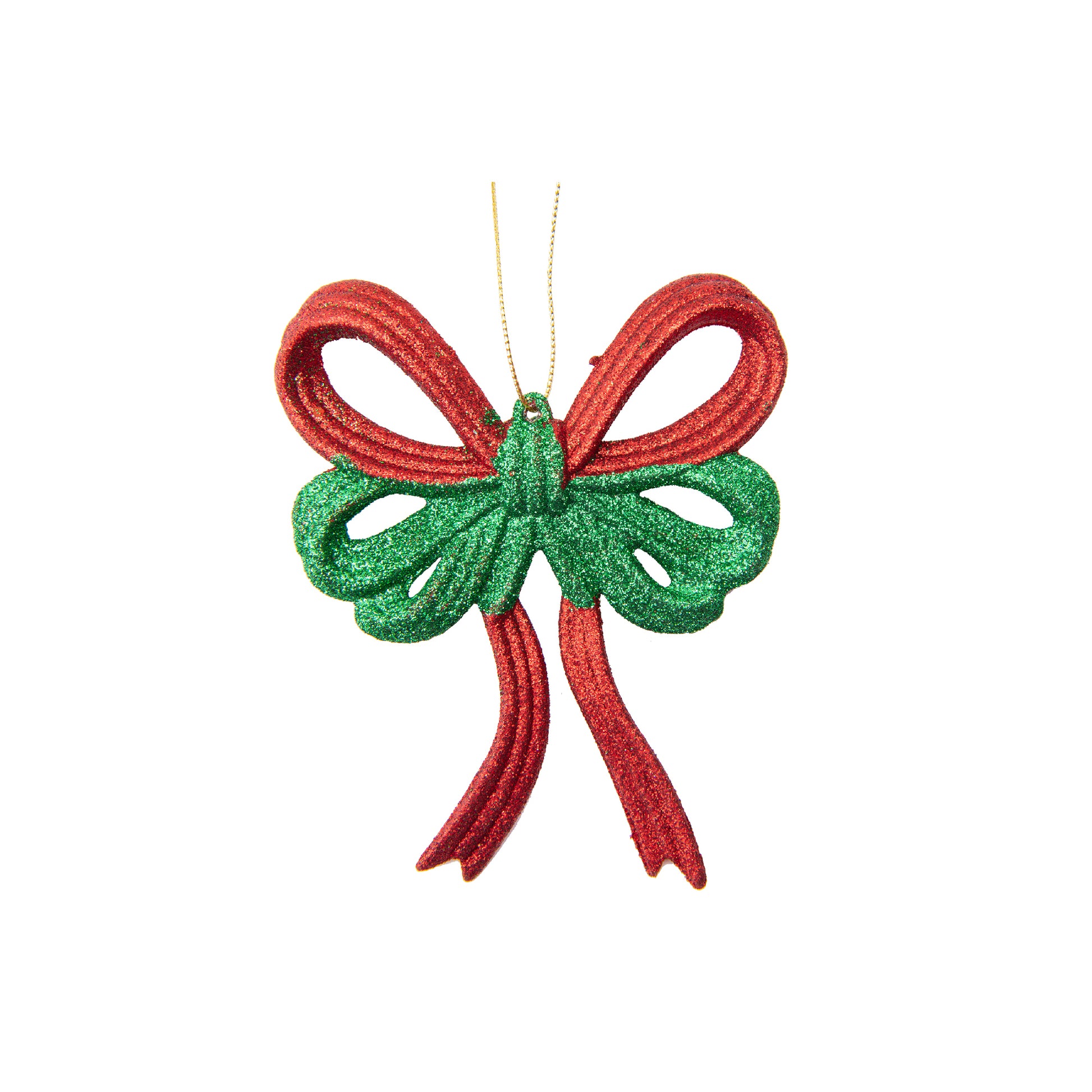 Red and Green Glittered Ornament Bow, Ornament, Holiday Decor- Set of 12