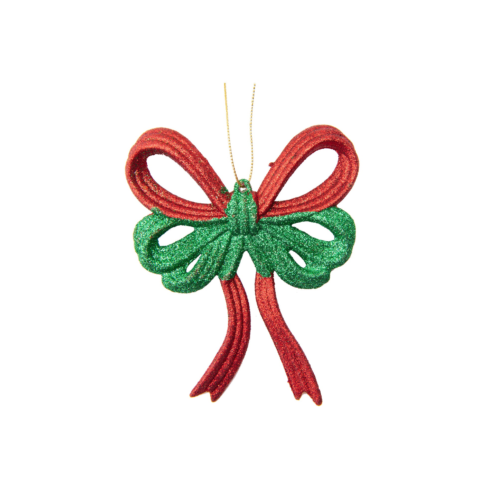 Red and Green Glittered Ornament Bow, Ornament, Holiday Decor- Set of 12
