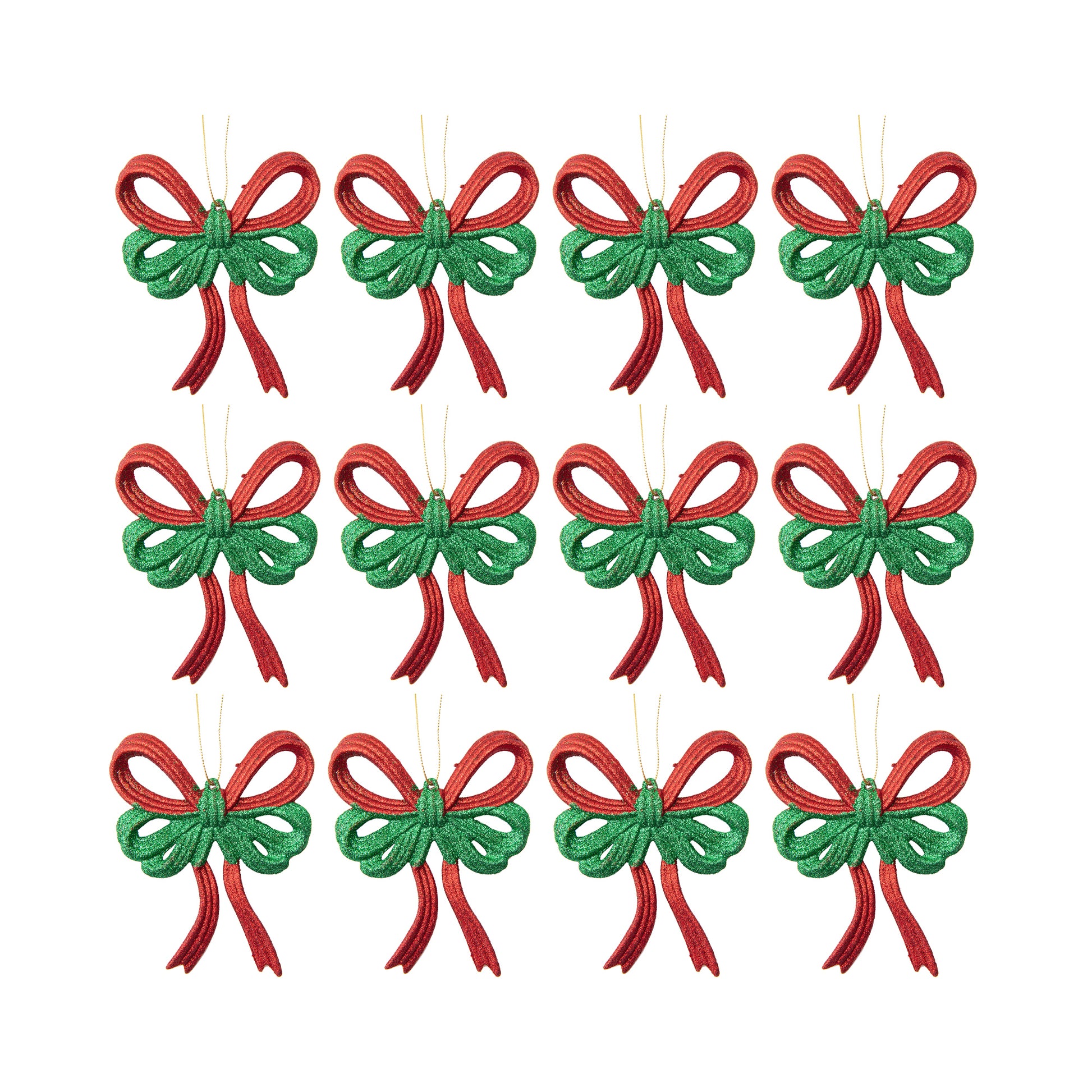 Red and Green Glittered Ornament Bow, Ornament, Holiday Decor- Set of 12