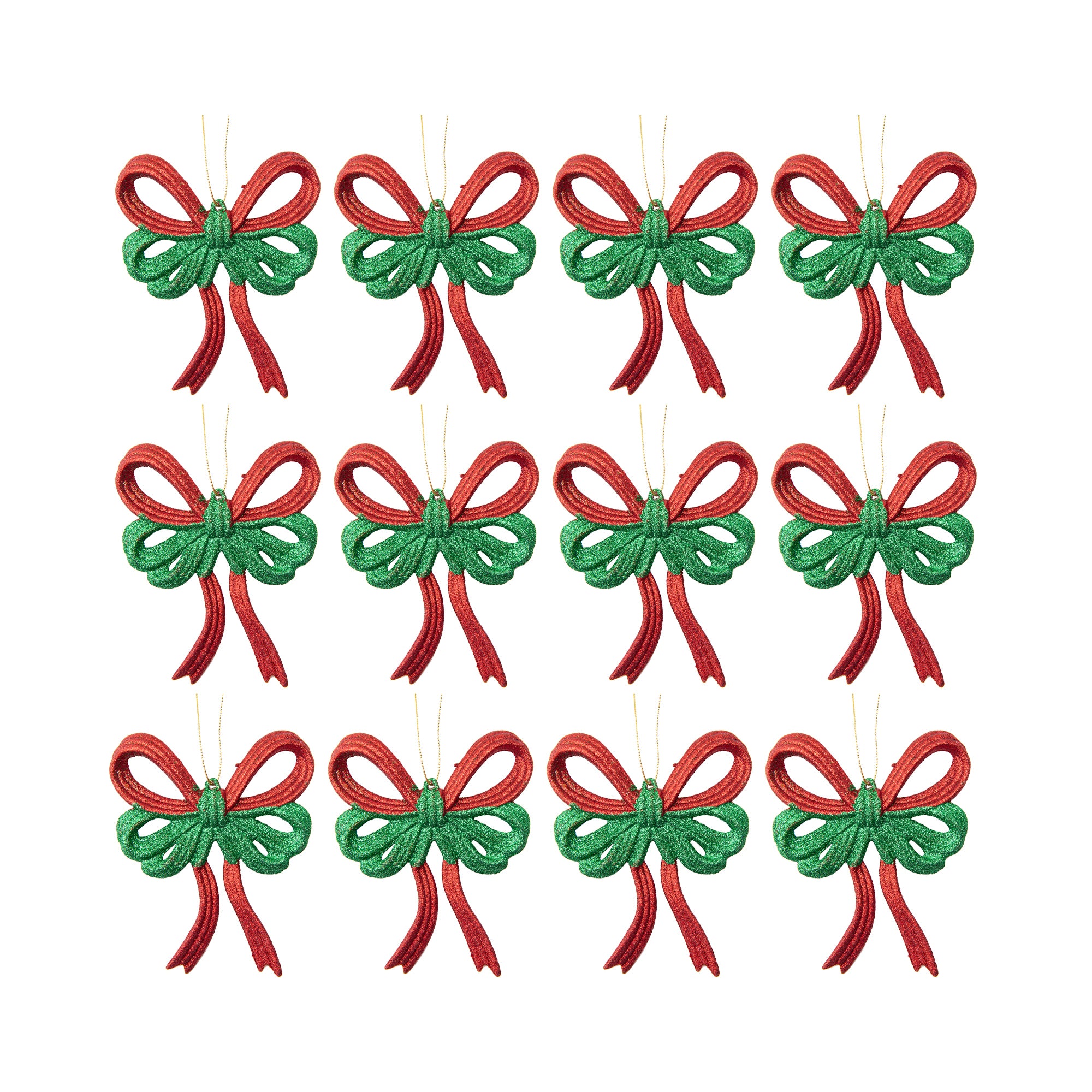 Red and Green Glittered Ornament Bow, Ornament, Holiday Decor- Set of 12