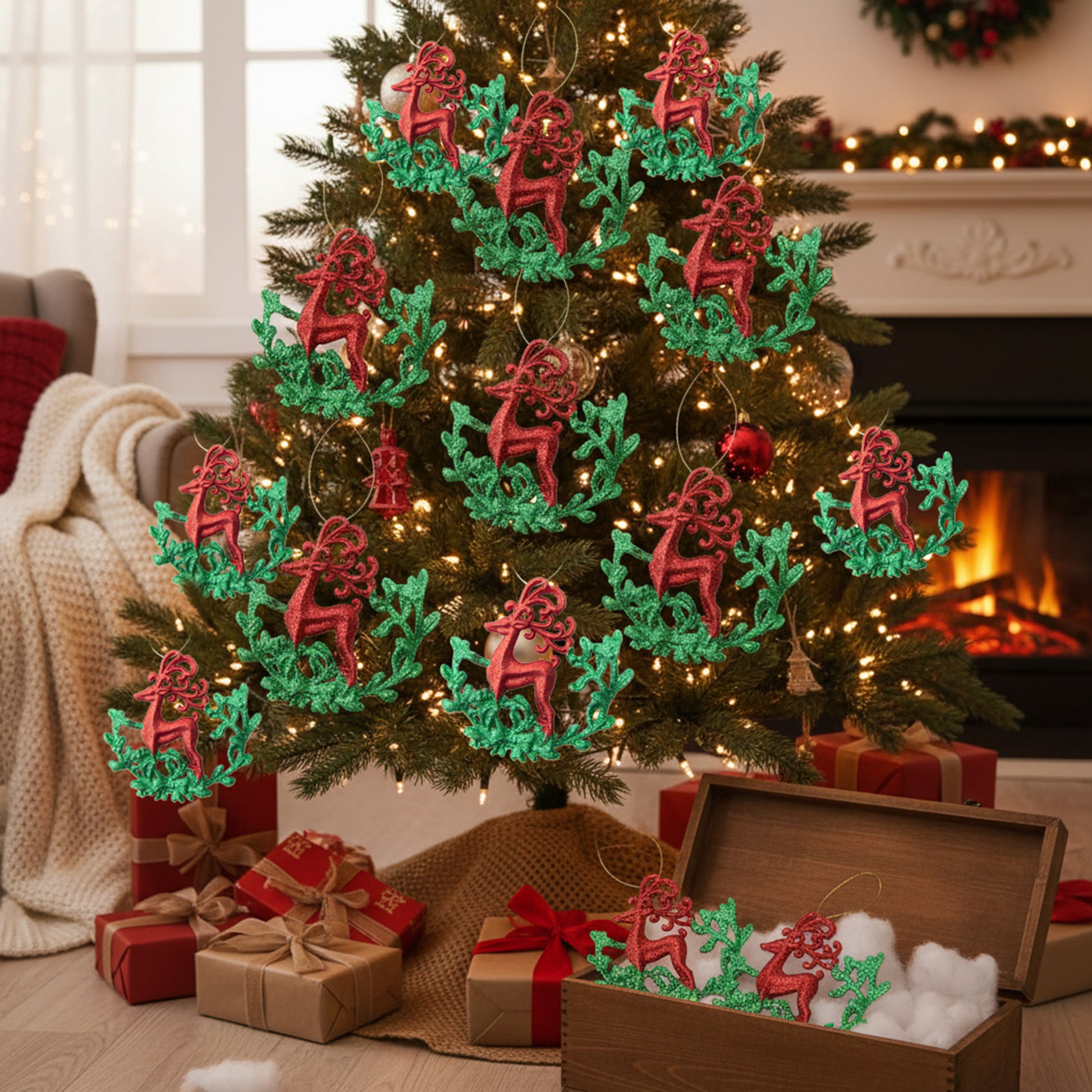 Red and Green Glittered Ornament Reindeer, Christmas, Ornament, Holiday Decor- Set of 12