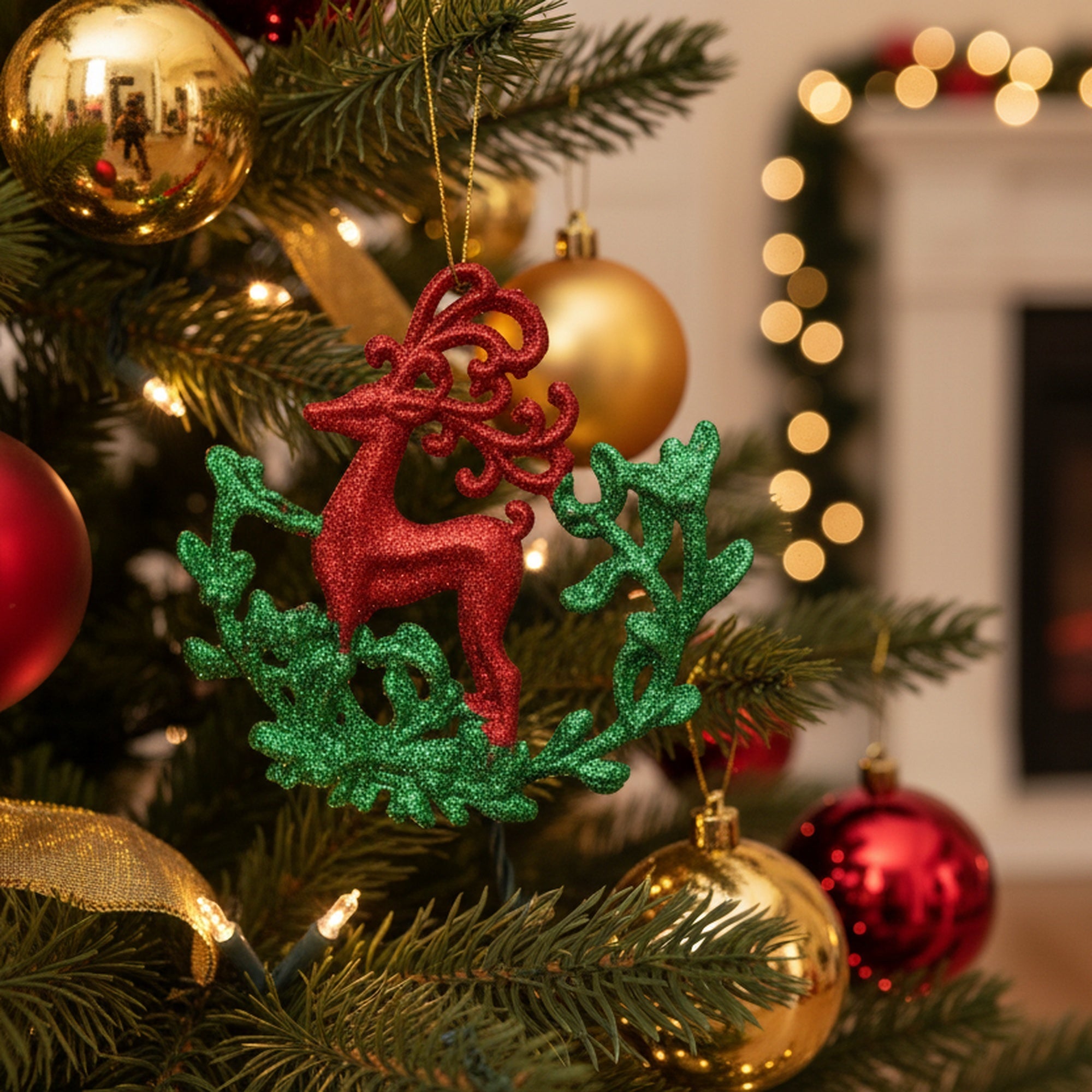 Red and Green Glittered Ornament Reindeer, Christmas, Ornament, Holiday Decor- Set of 12