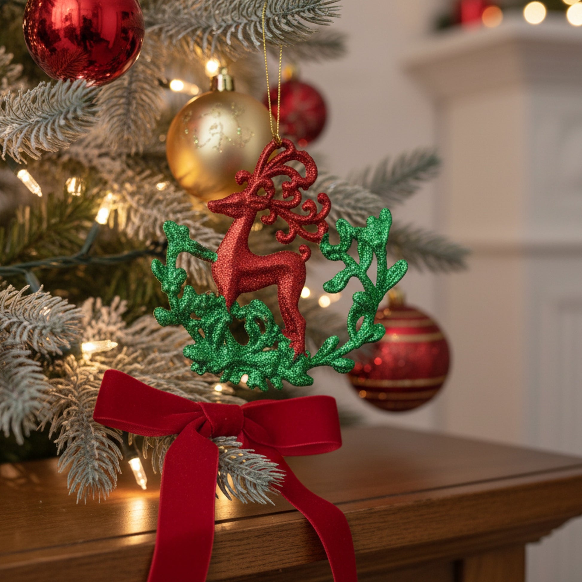 Red and Green Glittered Ornament Reindeer, Christmas, Ornament, Holiday Decor- Set of 12