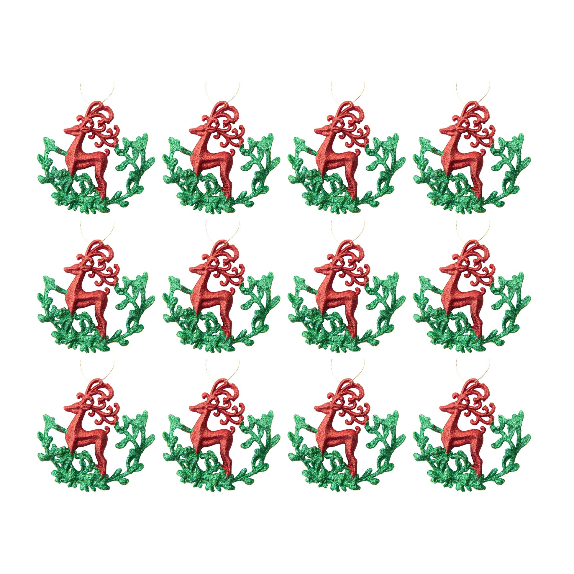 Red and Green Glittered Ornament Reindeer, Christmas, Ornament, Holiday Decor- Set of 12