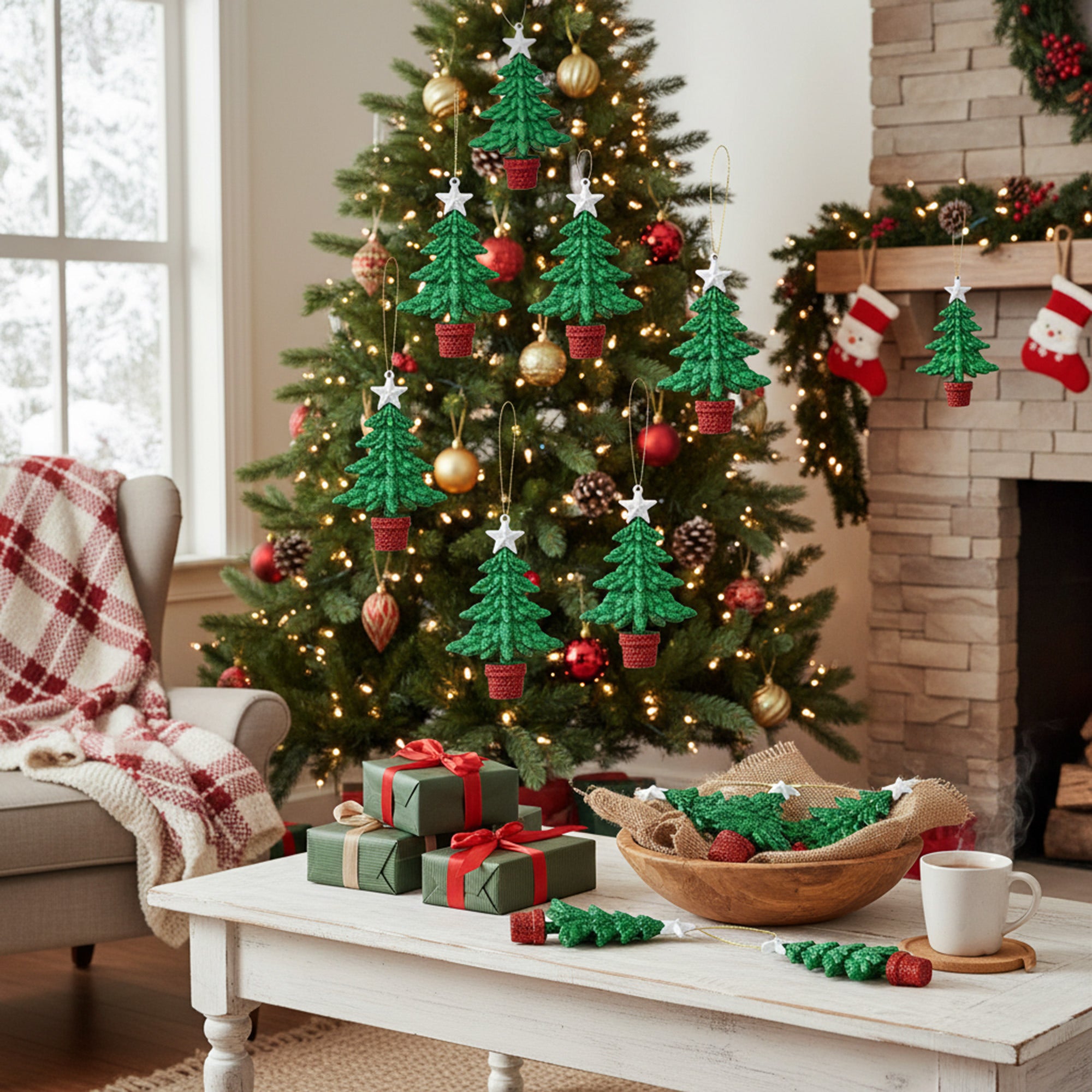 Red and Green Glittered Ornament Tree, Ornament, Holiday Decor- Set of 12