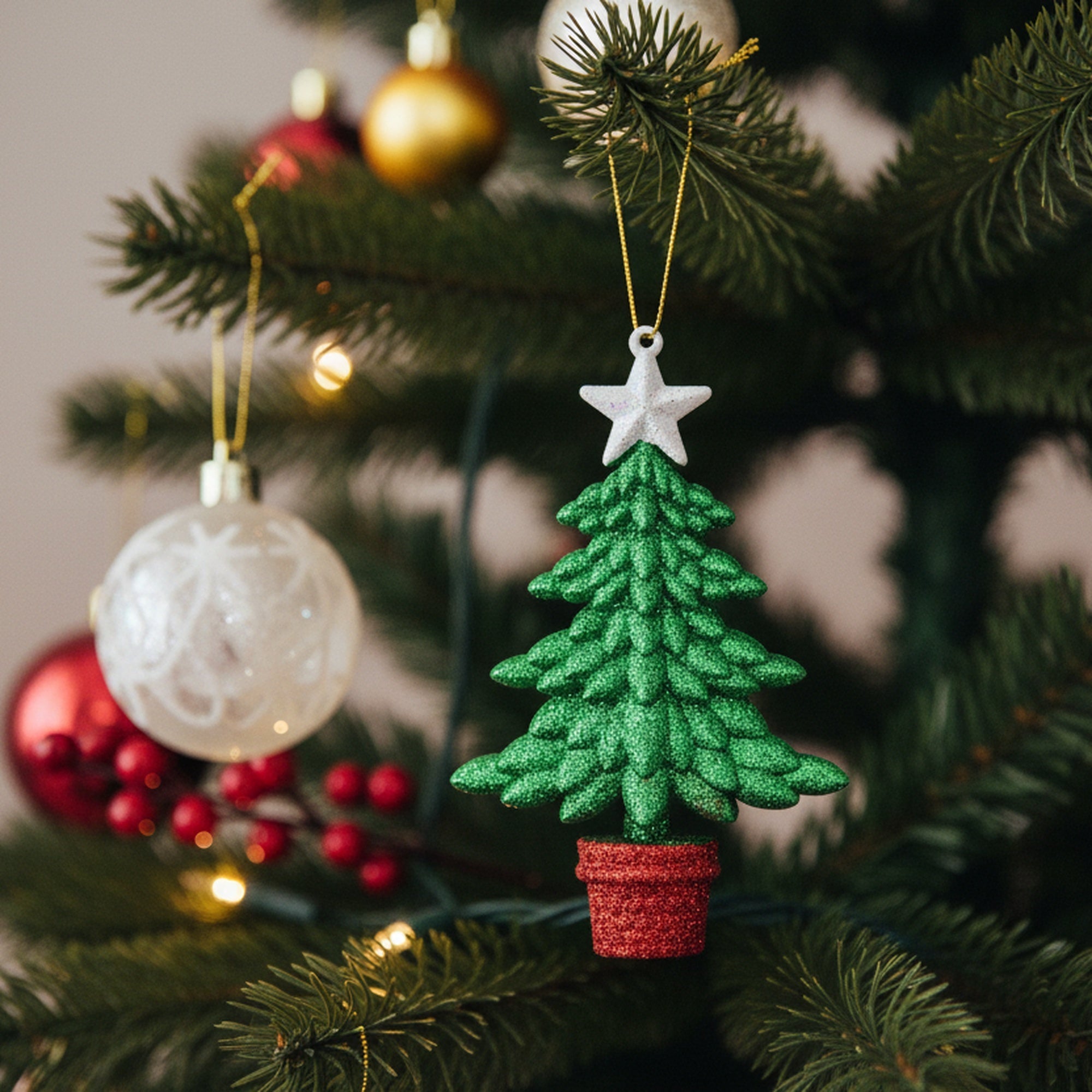 Red and Green Glittered Ornament Tree, Ornament, Holiday Decor- Set of 12