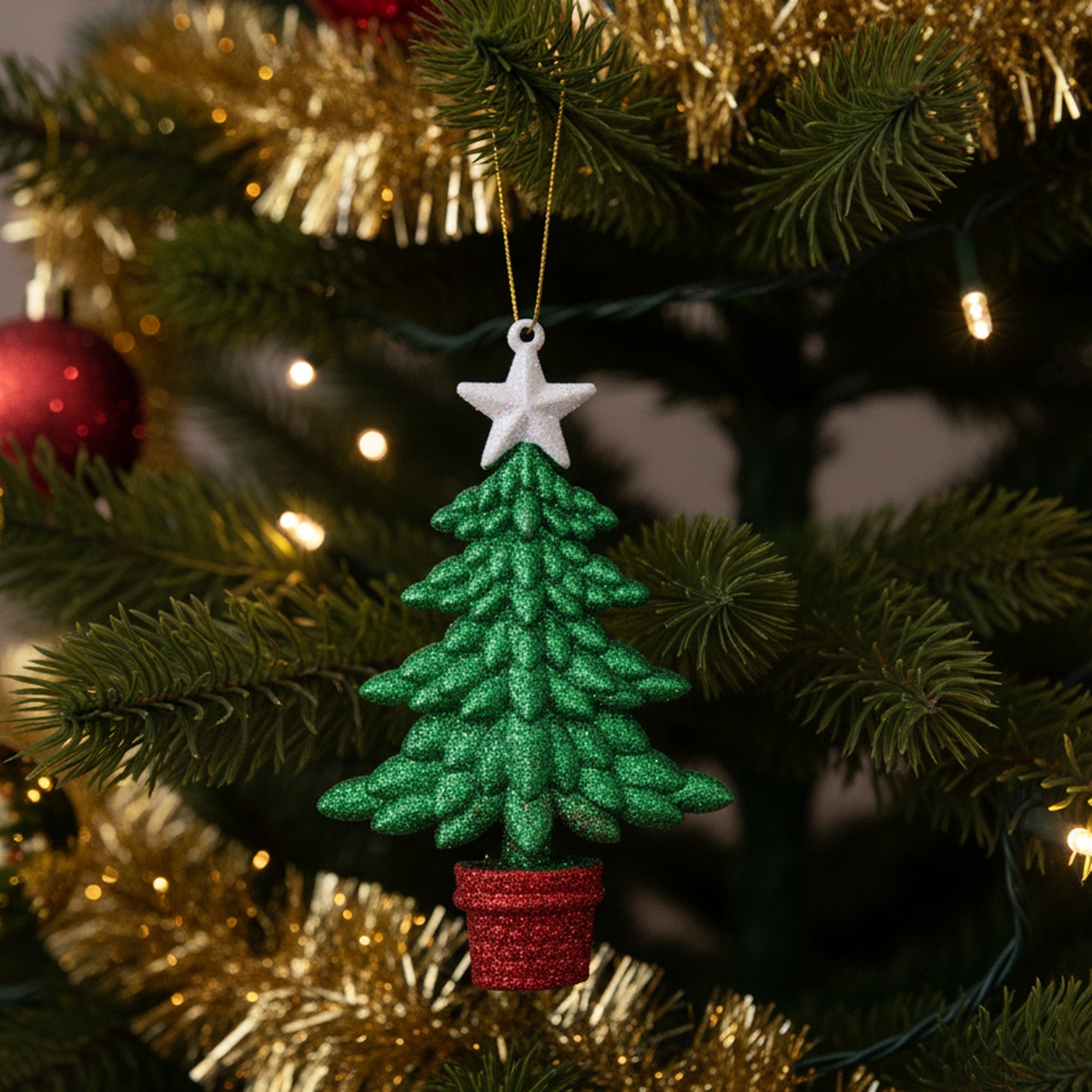 Red and Green Glittered Ornament Tree, Ornament, Holiday Decor- Set of 12