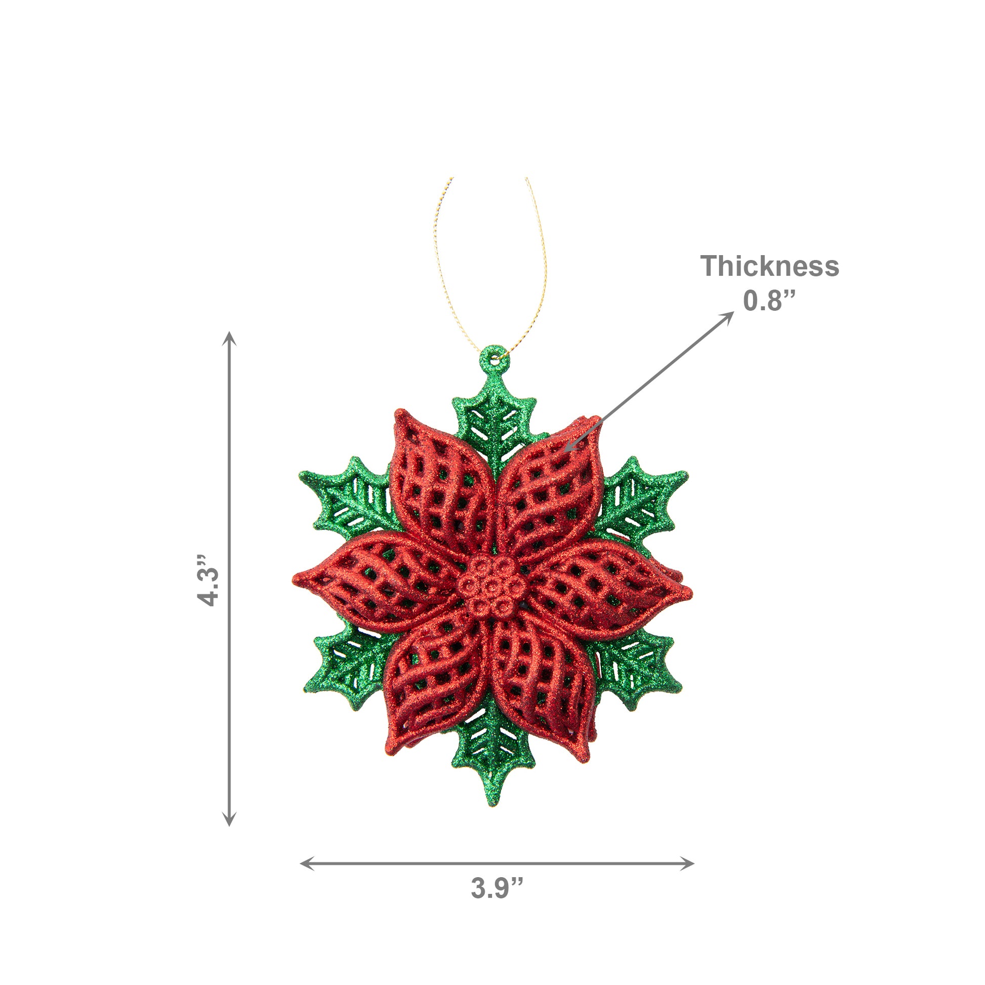 Red and Green Glittered Ornament Poinsettia, Christmas, Ornament, Holiday Decor- Set of 12