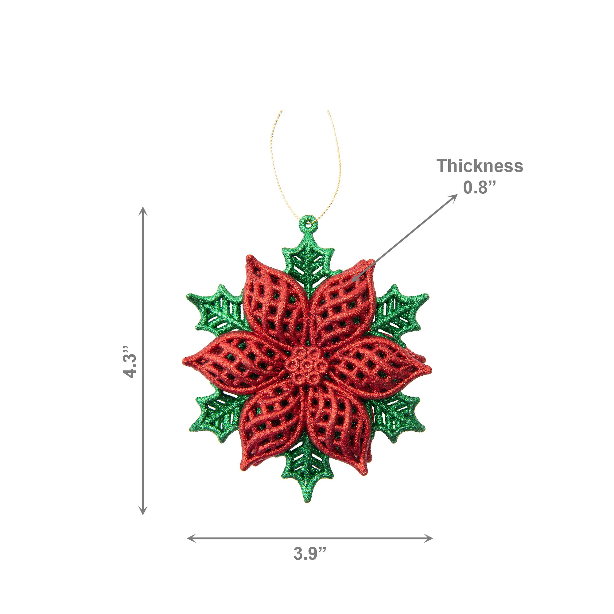 Red and Green Glittered Ornament Poinsettia, Christmas, Ornament, Holiday Decor- Set of 12
