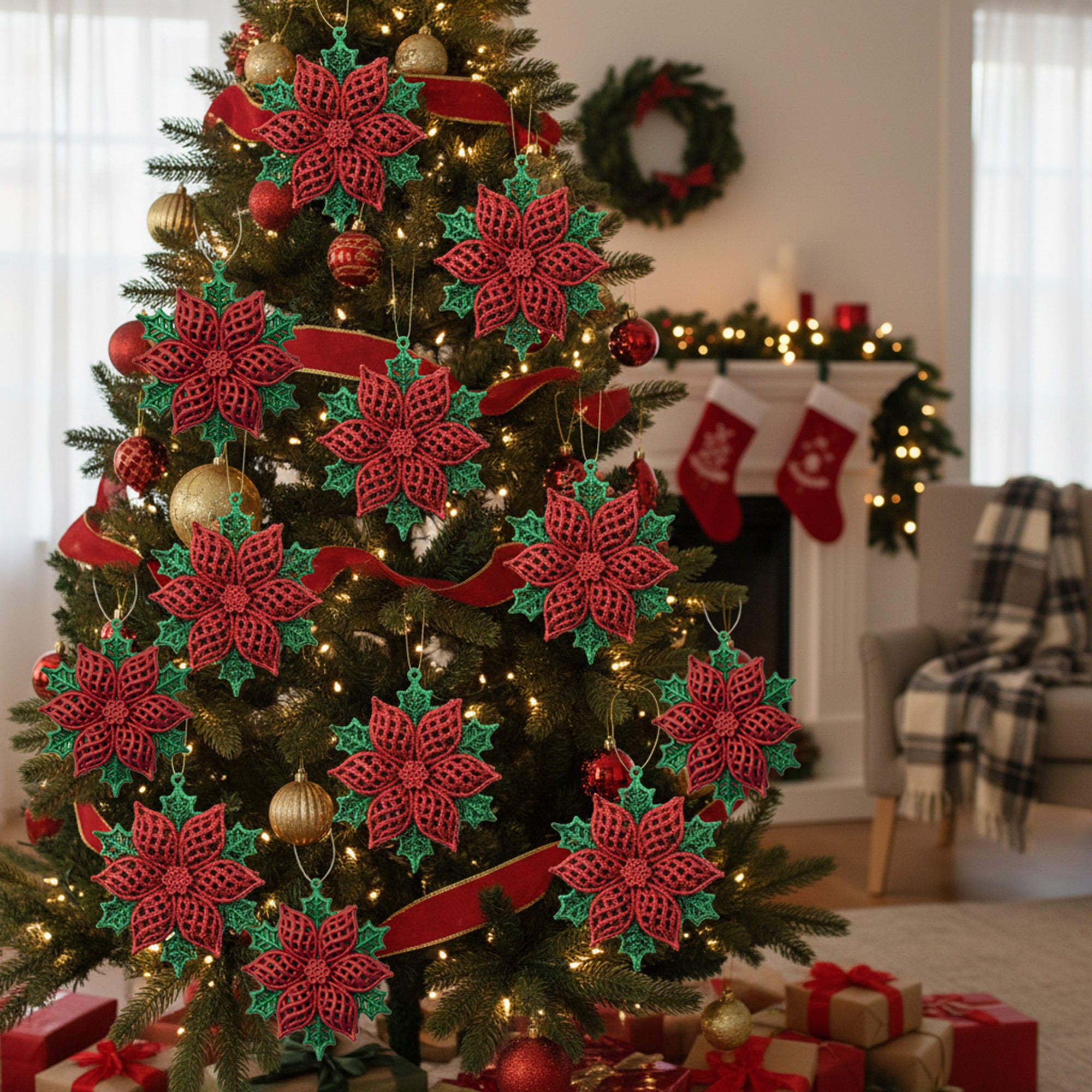 Red and Green Glittered Ornament Poinsettia, Christmas, Ornament, Holiday Decor- Set of 12