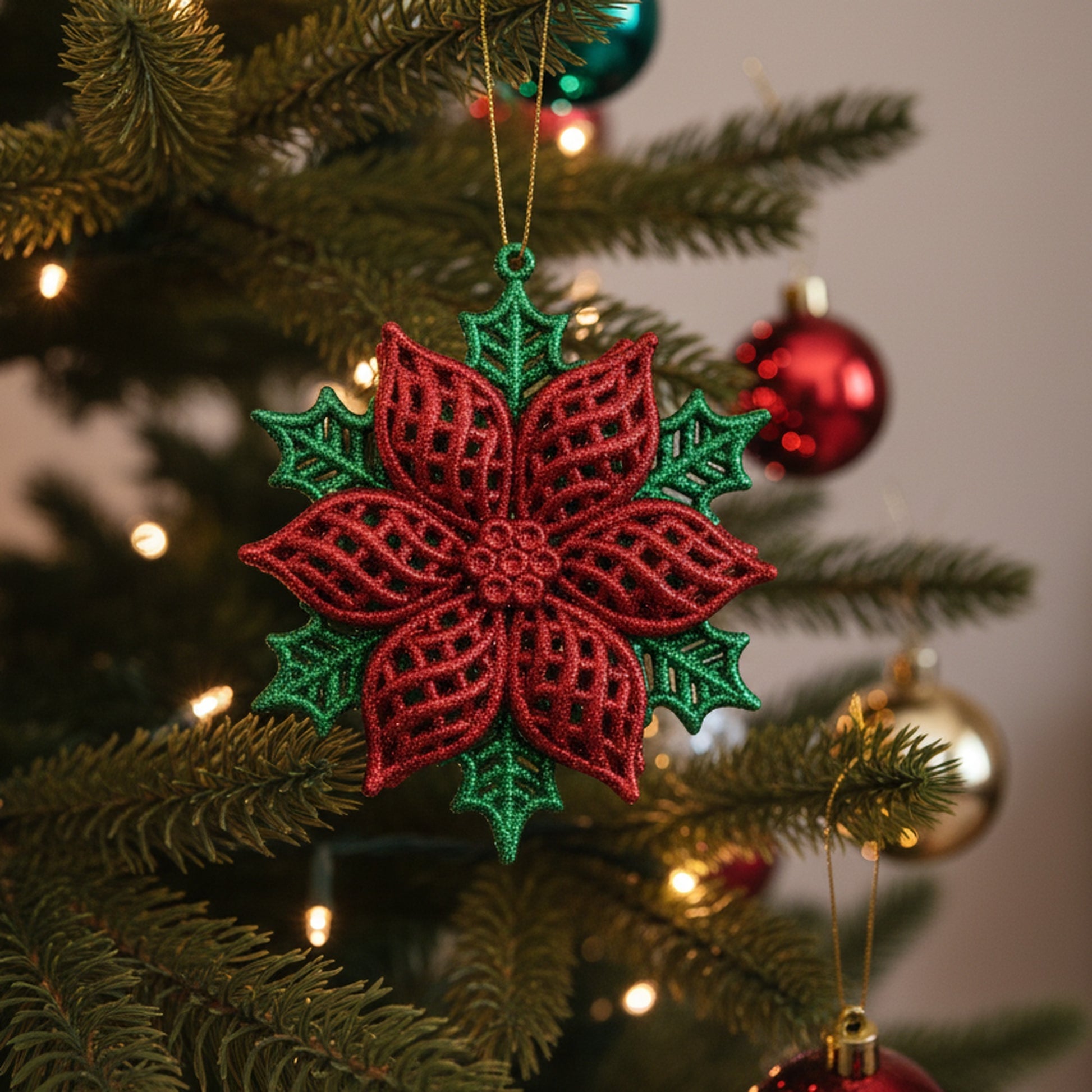 Red and Green Glittered Ornament Poinsettia, Christmas, Ornament, Holiday Decor- Set of 12