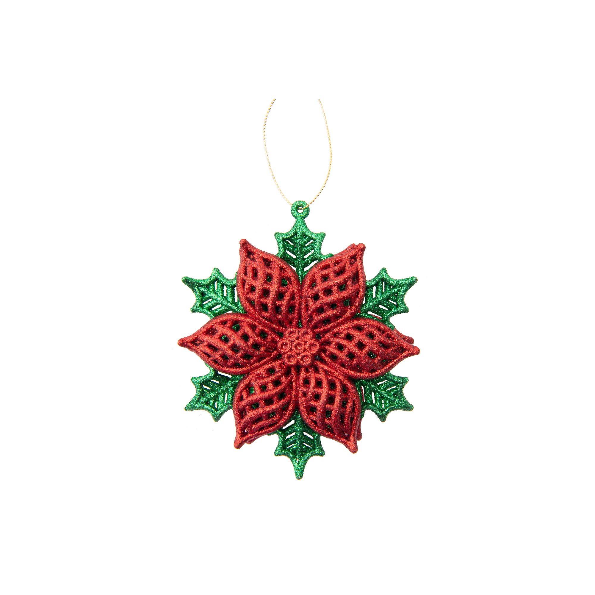 Red and Green Glittered Ornament Poinsettia, Christmas, Ornament, Holiday Decor- Set of 12