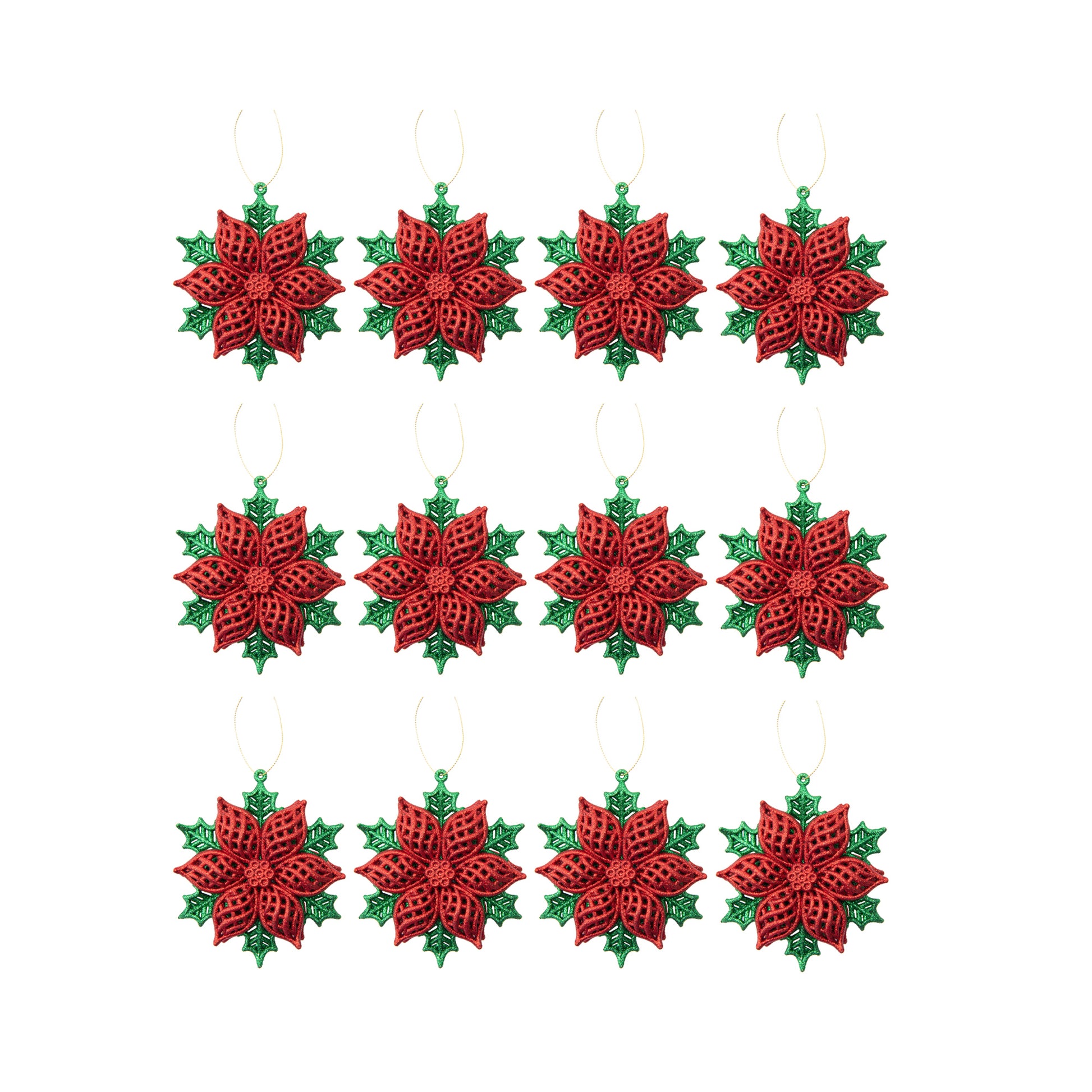 Red and Green Glittered Ornament Poinsettia, Christmas, Ornament, Holiday Decor- Set of 12
