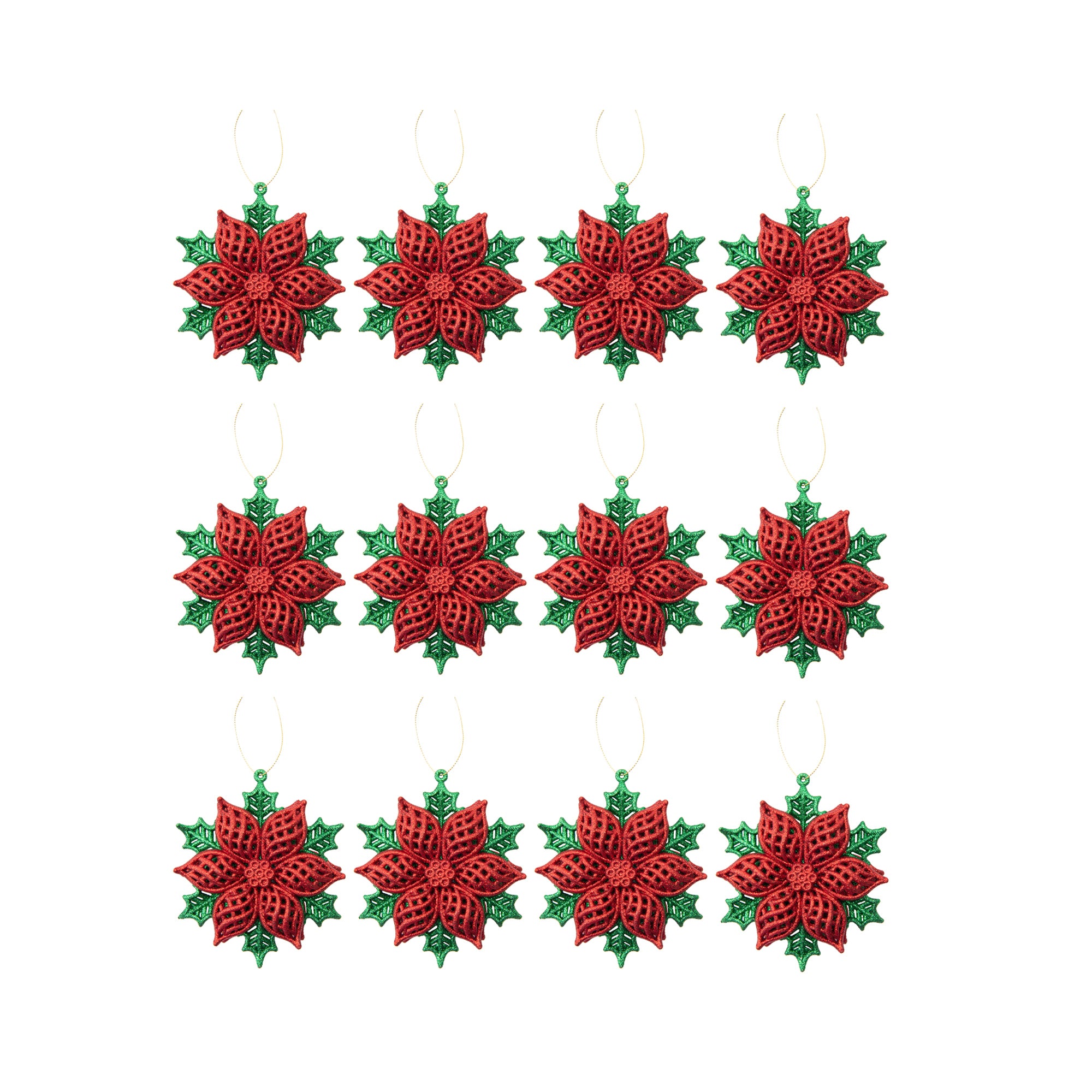 Red and Green Glittered Ornament Poinsettia, Christmas, Ornament, Holiday Decor- Set of 12