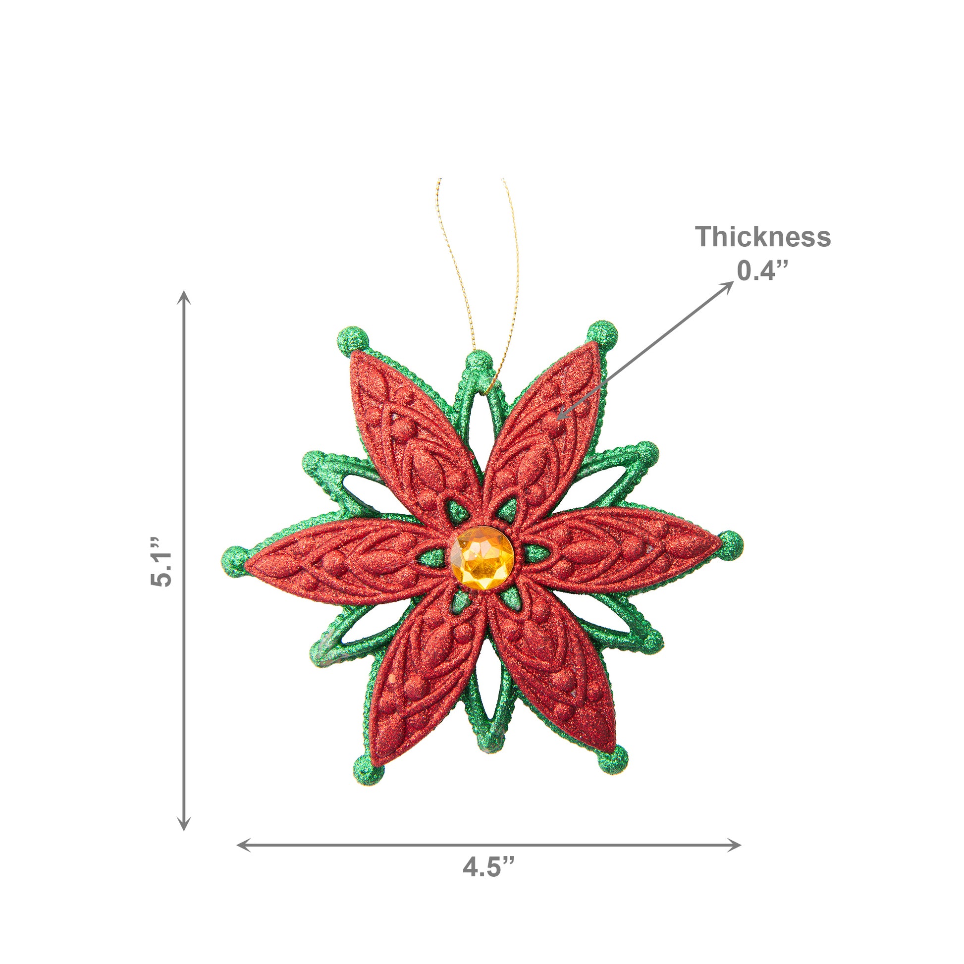 Red and Green Glittered Ornament Poinsettia with Gem, Christmas, Ornament, Holiday Decor- Set of 12