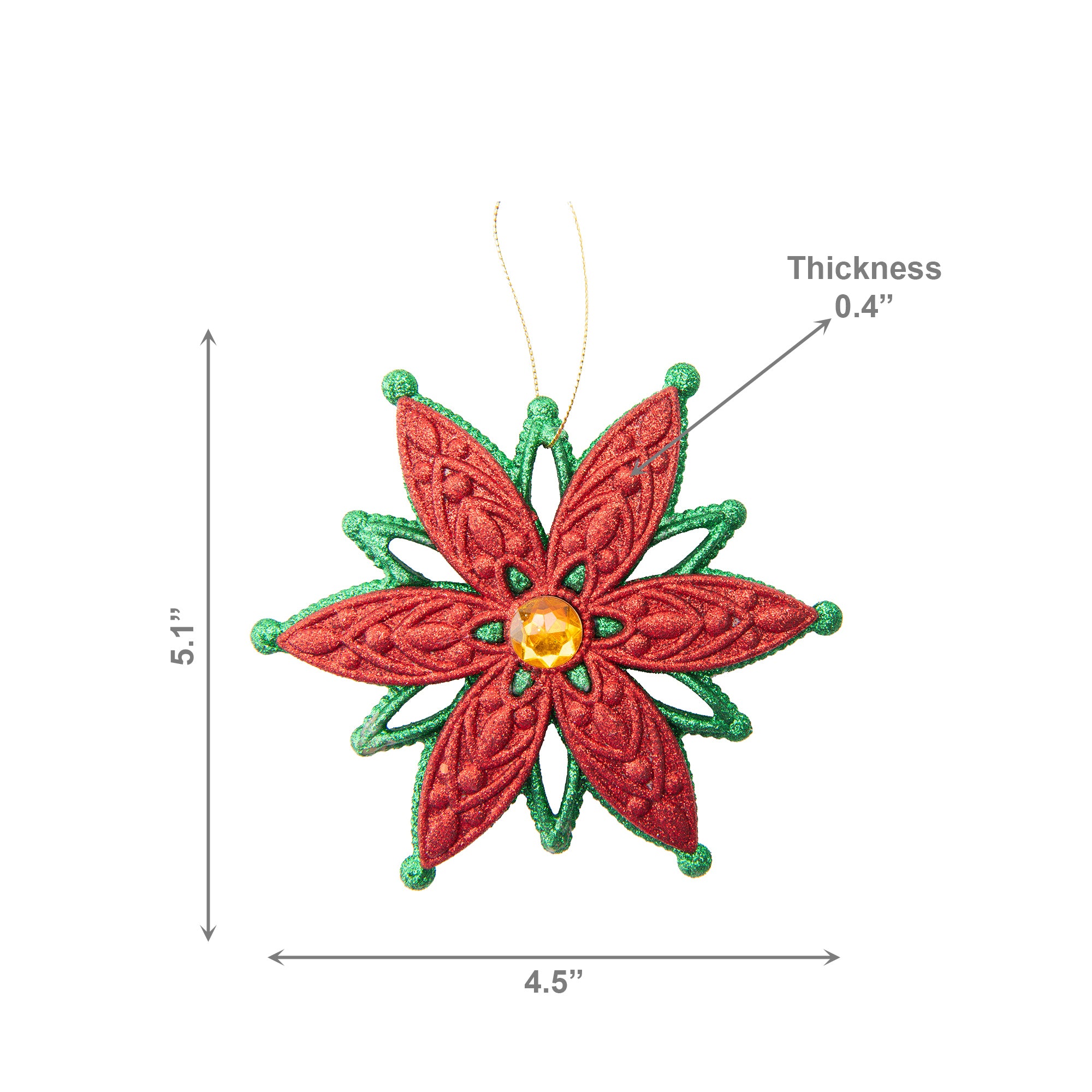 Red and Green Glittered Ornament Poinsettia with Gem, Christmas, Ornament, Holiday Decor- Set of 12