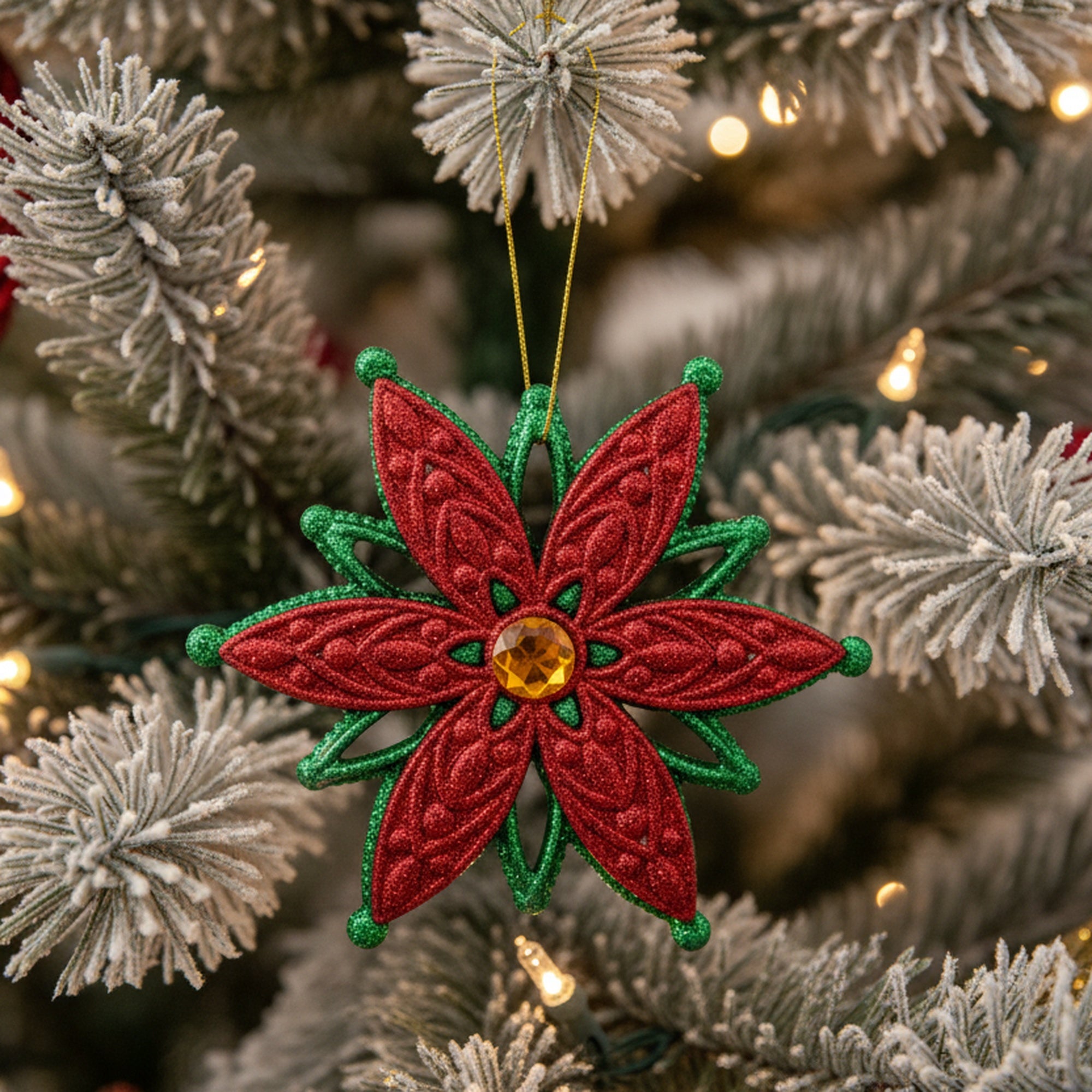 Red and Green Glittered Ornament Poinsettia with Gem, Christmas, Ornament, Holiday Decor- Set of 12