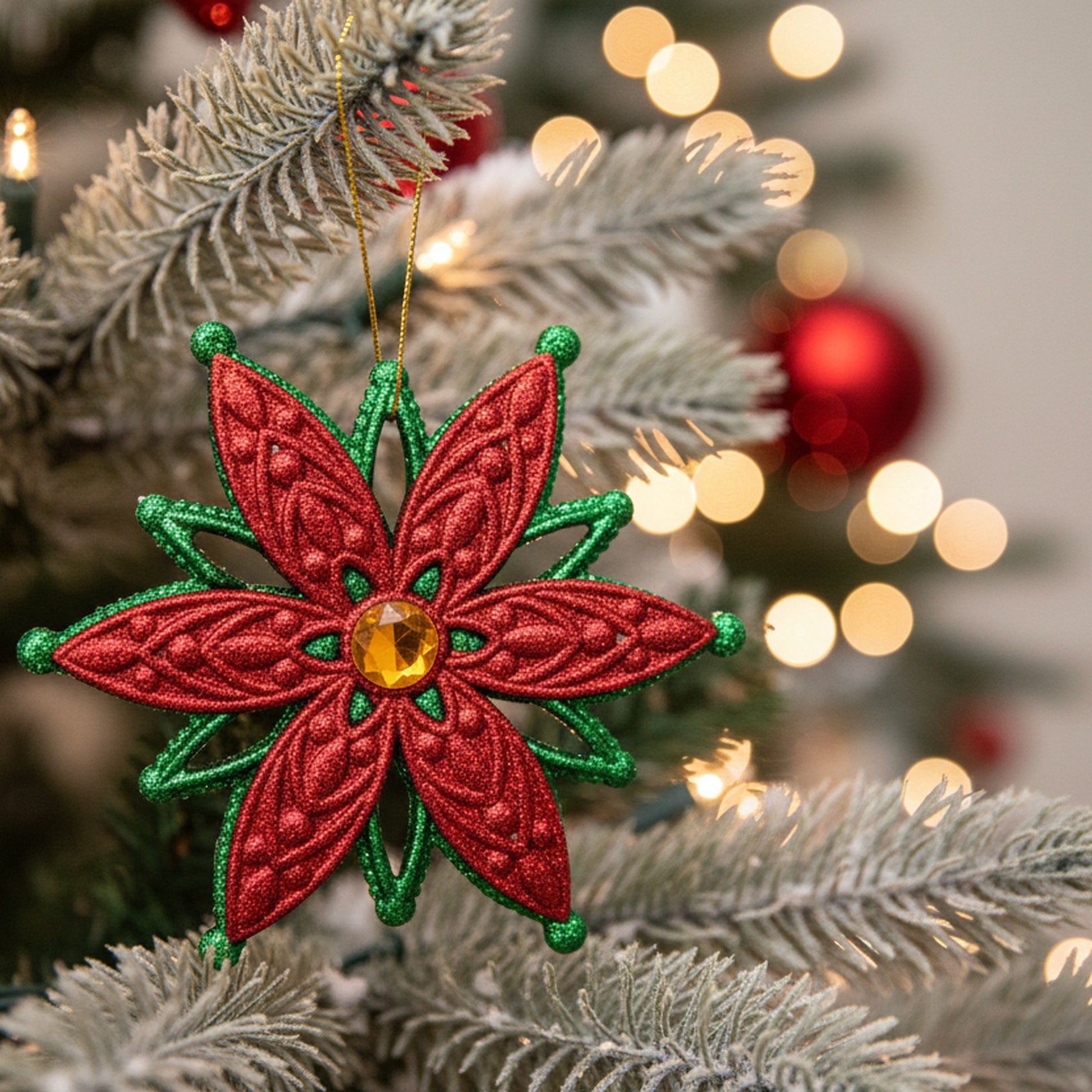 Red and Green Glittered Ornament Poinsettia with Gem, Christmas, Ornament, Holiday Decor- Set of 12