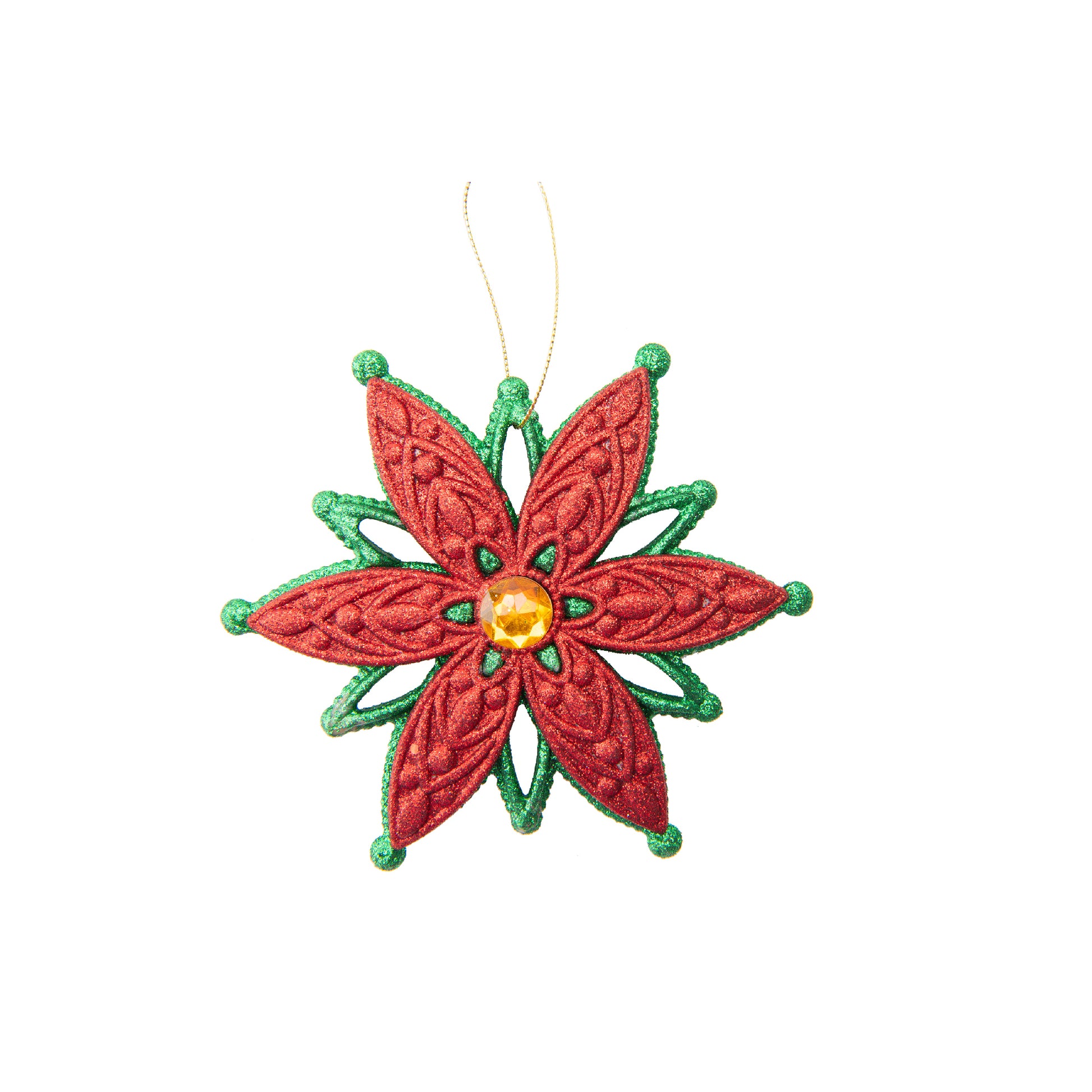 Red and Green Glittered Ornament Poinsettia with Gem, Christmas, Ornament, Holiday Decor- Set of 12