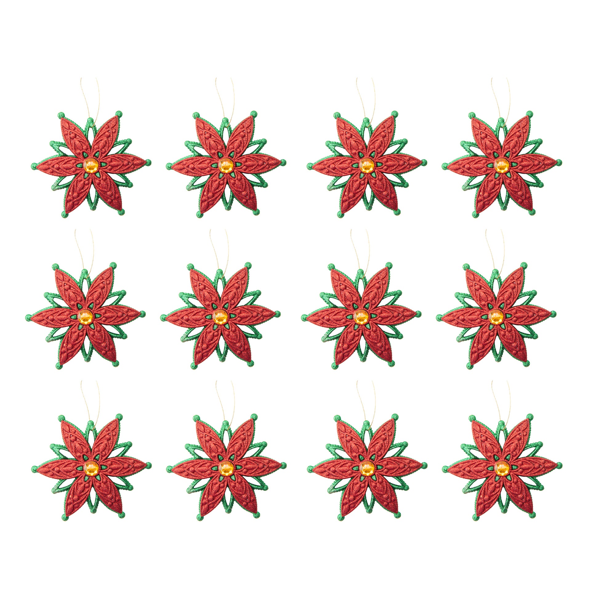 Red and Green Glittered Ornament Poinsettia with Gem, Christmas, Ornament, Holiday Decor- Set of 12
