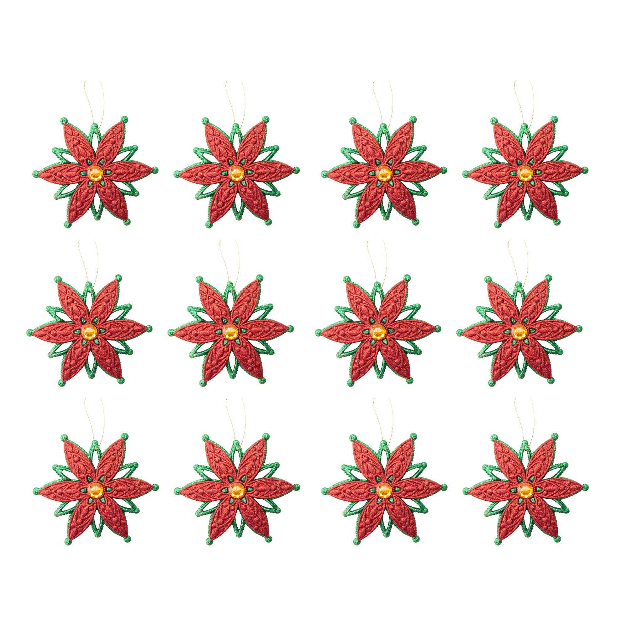 Red and Green Glittered Ornament Poinsettia with Gem, Christmas, Ornament, Holiday Decor- Set of 12