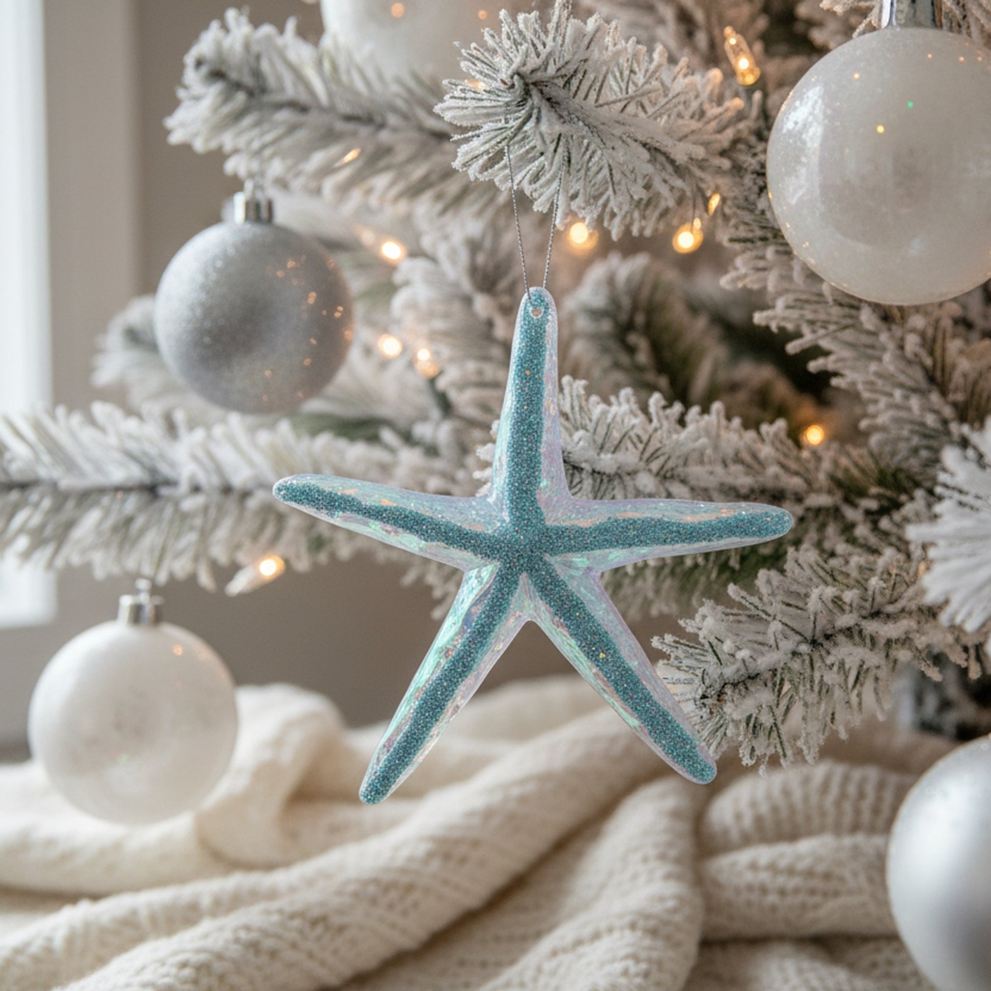 Iridescent Ornament Starfish, Ornament, Holiday Decor- Set of 12