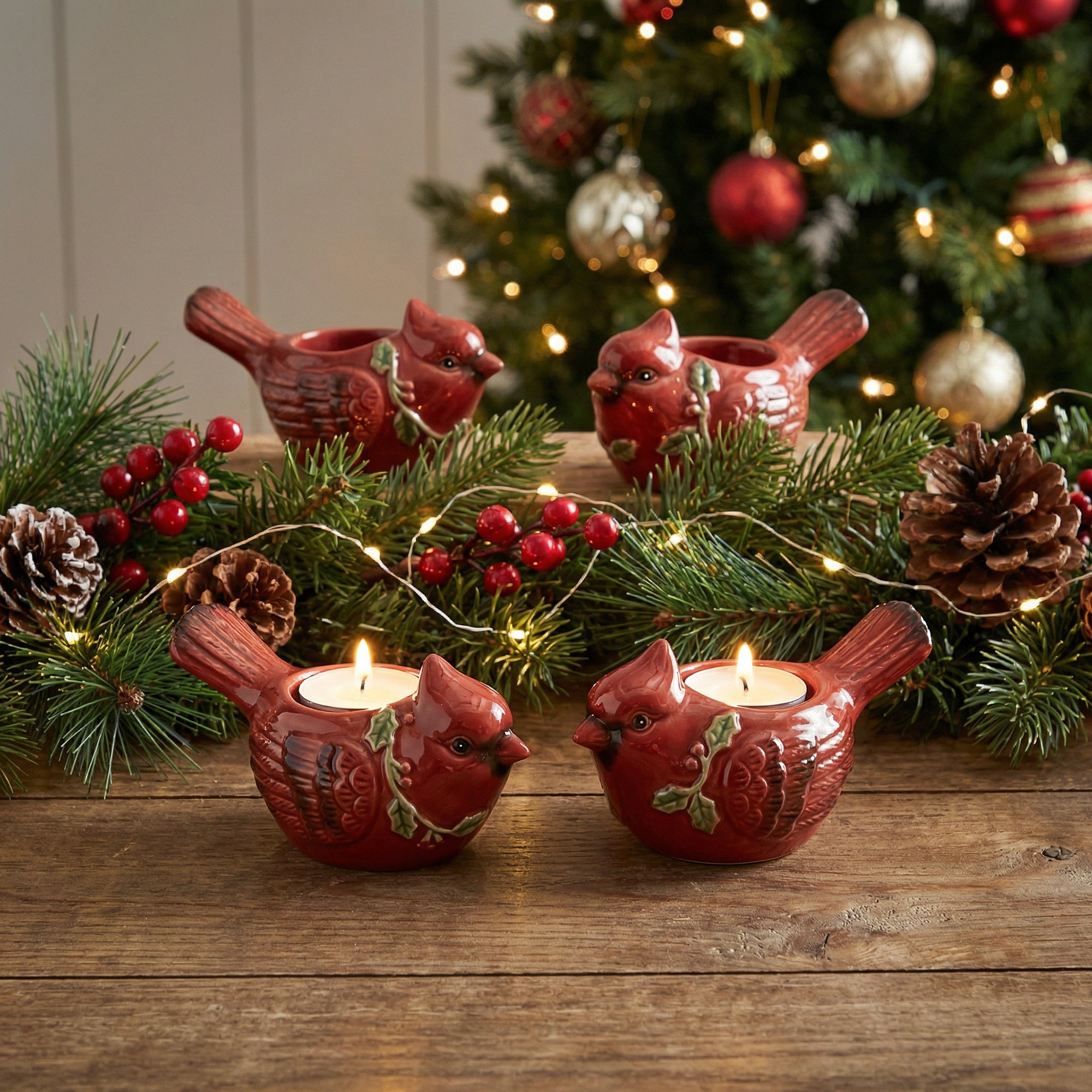 Ceramic Tealight Holder Cardinal, Christmas, Holiday Decor- Set of 4
