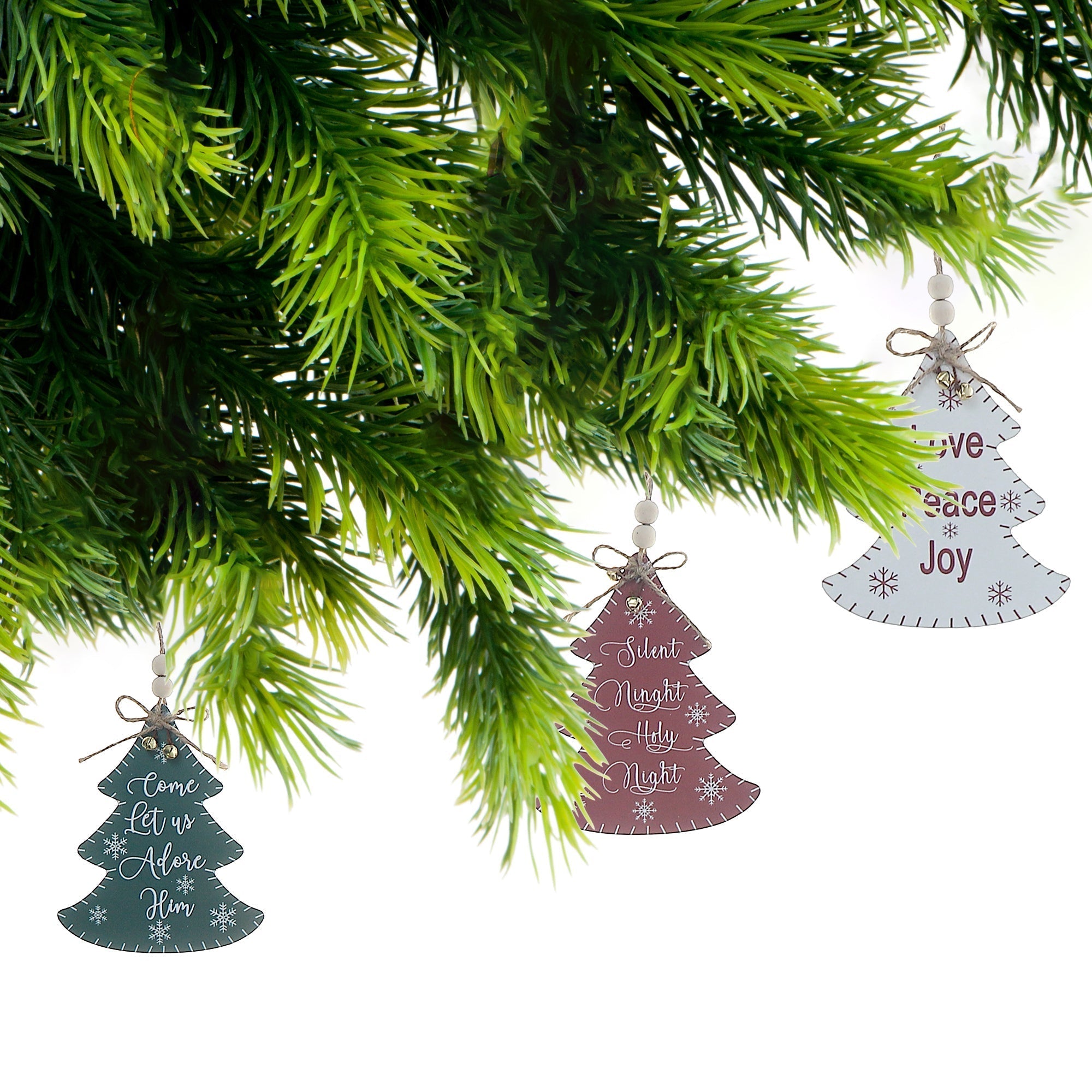 Flat Tree Shape Christmas Ornament with Text Set of 12 – Holiday Tree Decoration
