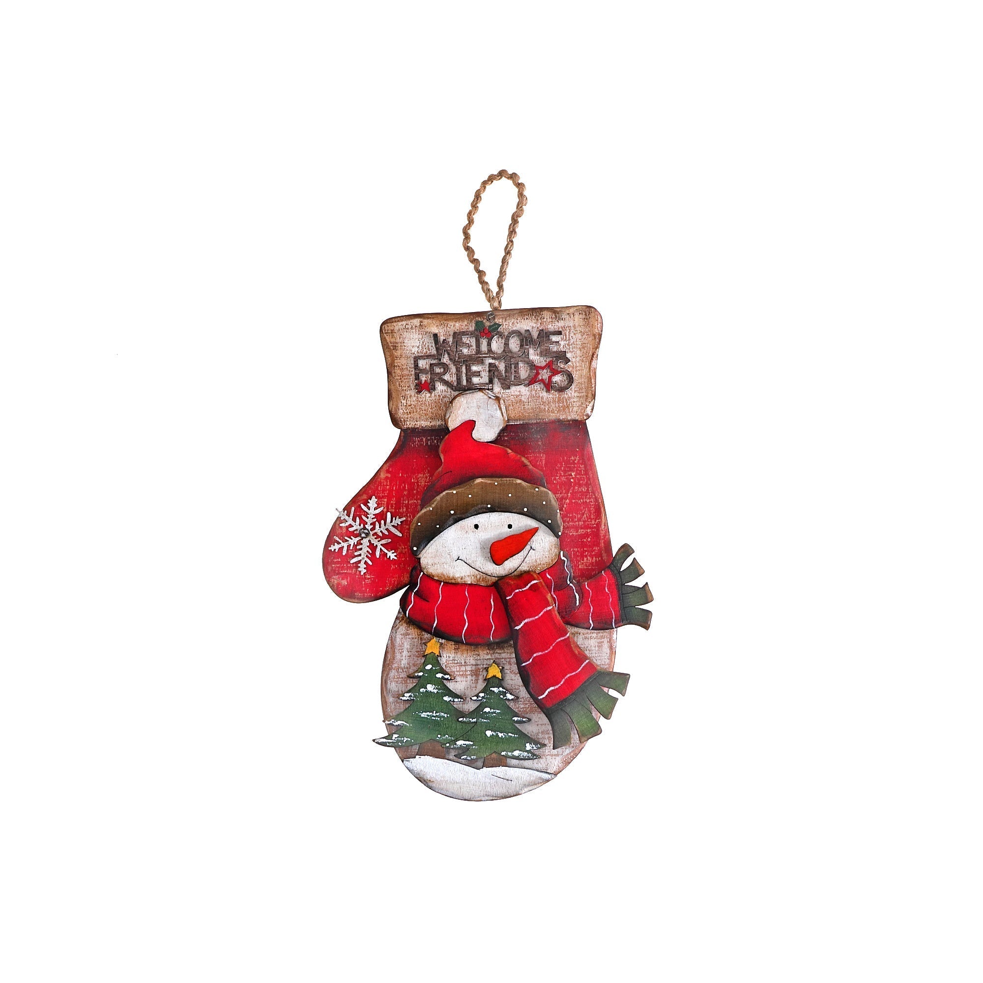 Wooden Snowman Mitt Wall Hanger Welcome Friends Holiday Wall Decor