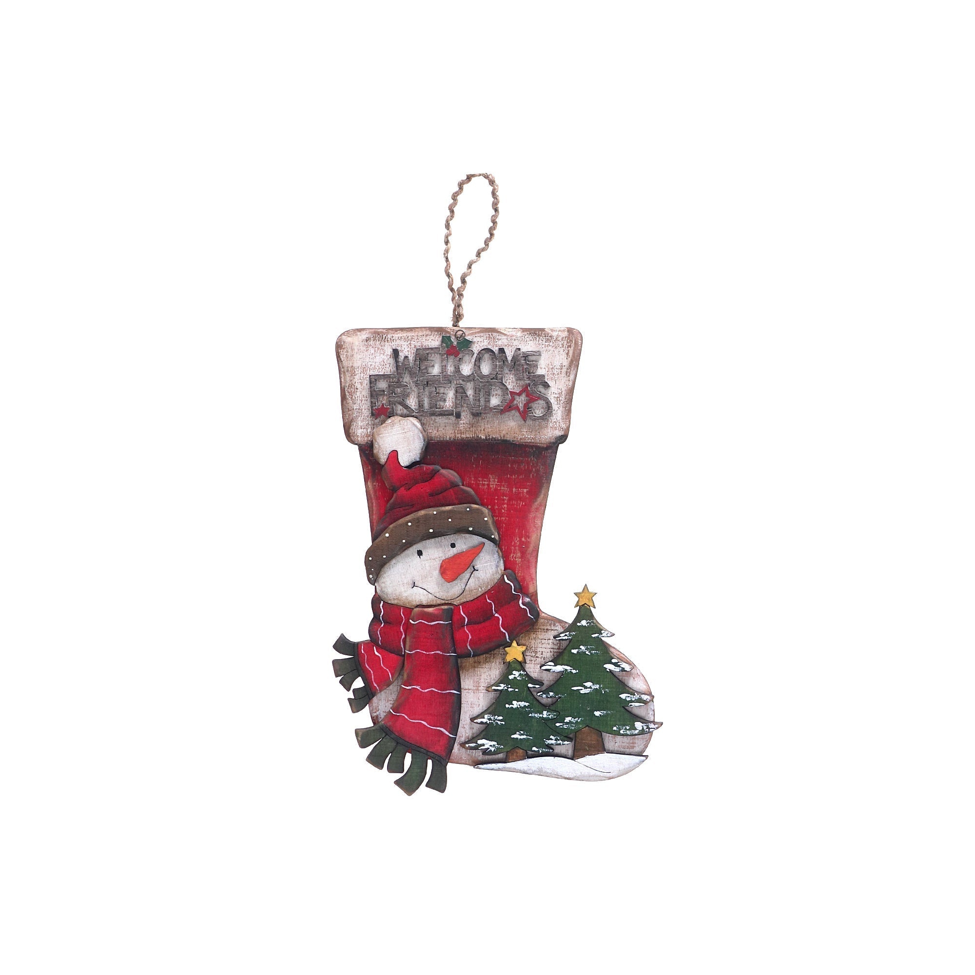 Wooden Snowman Stocking Wall Hanger Welcome Friends Christmas Wall Decor