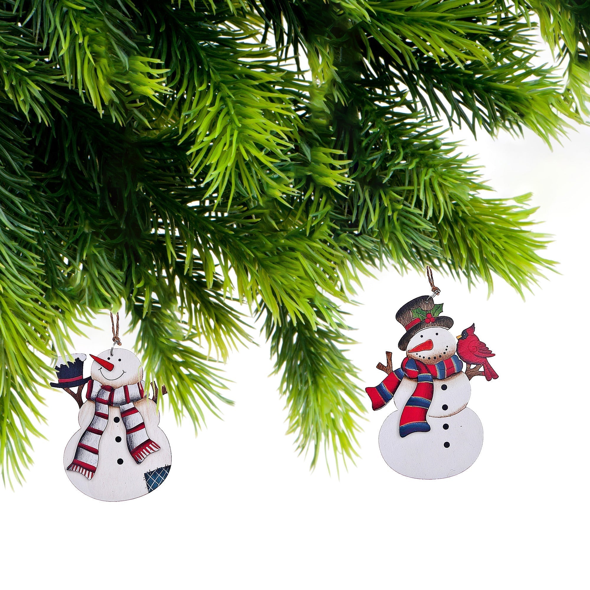 Christmas Wooden Snowman With Scarf Ornament Set Of 2, Holiday Tree Decoration, Rustic Christmas Accent