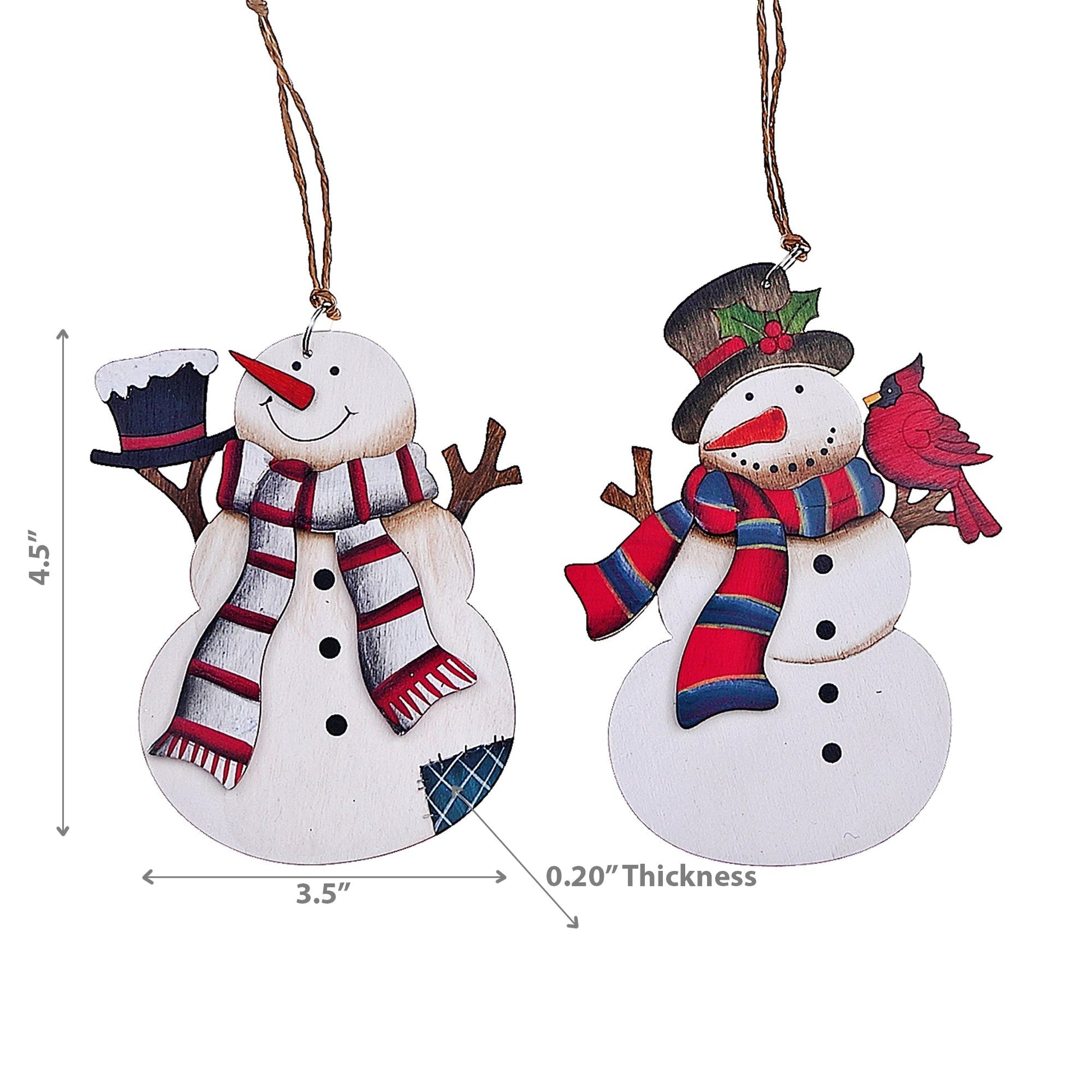 Christmas Wooden Snowman With Scarf Ornament - Set of 2