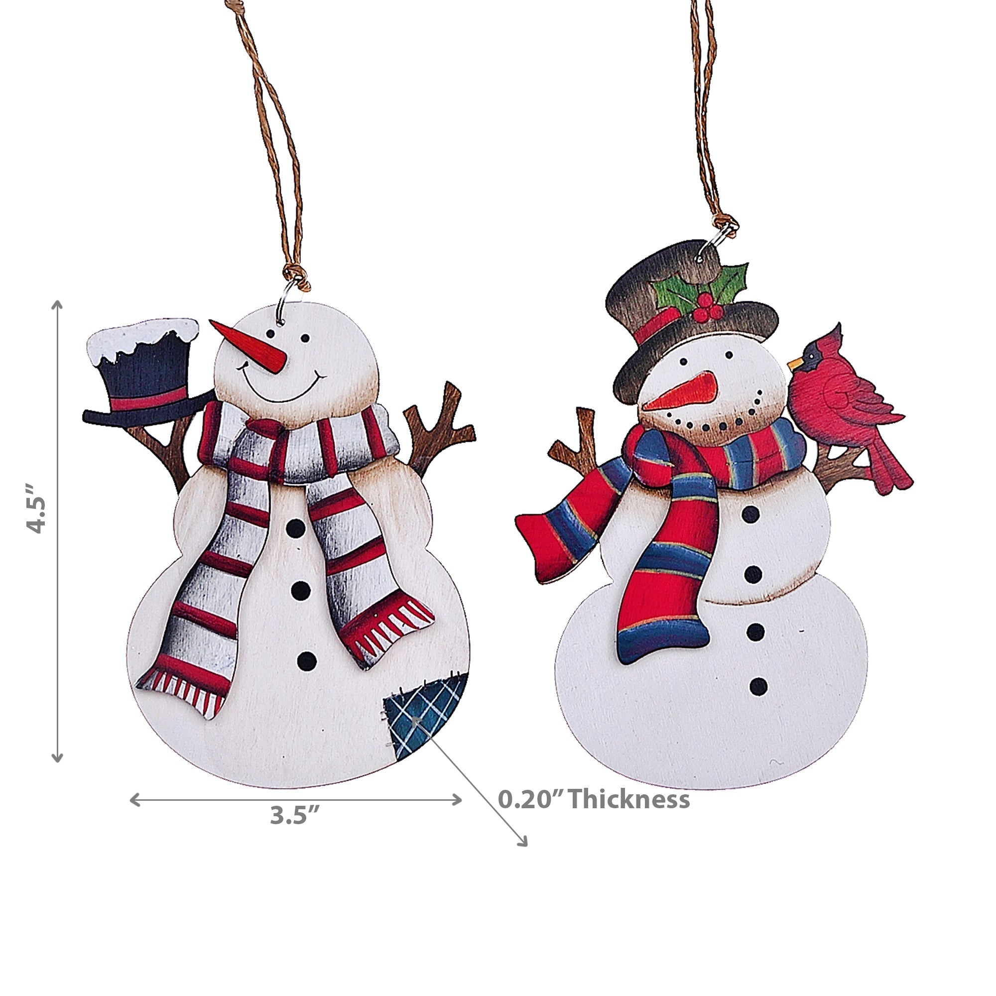 Christmas Wooden Snowman With Scarf Ornament - Set of 2
