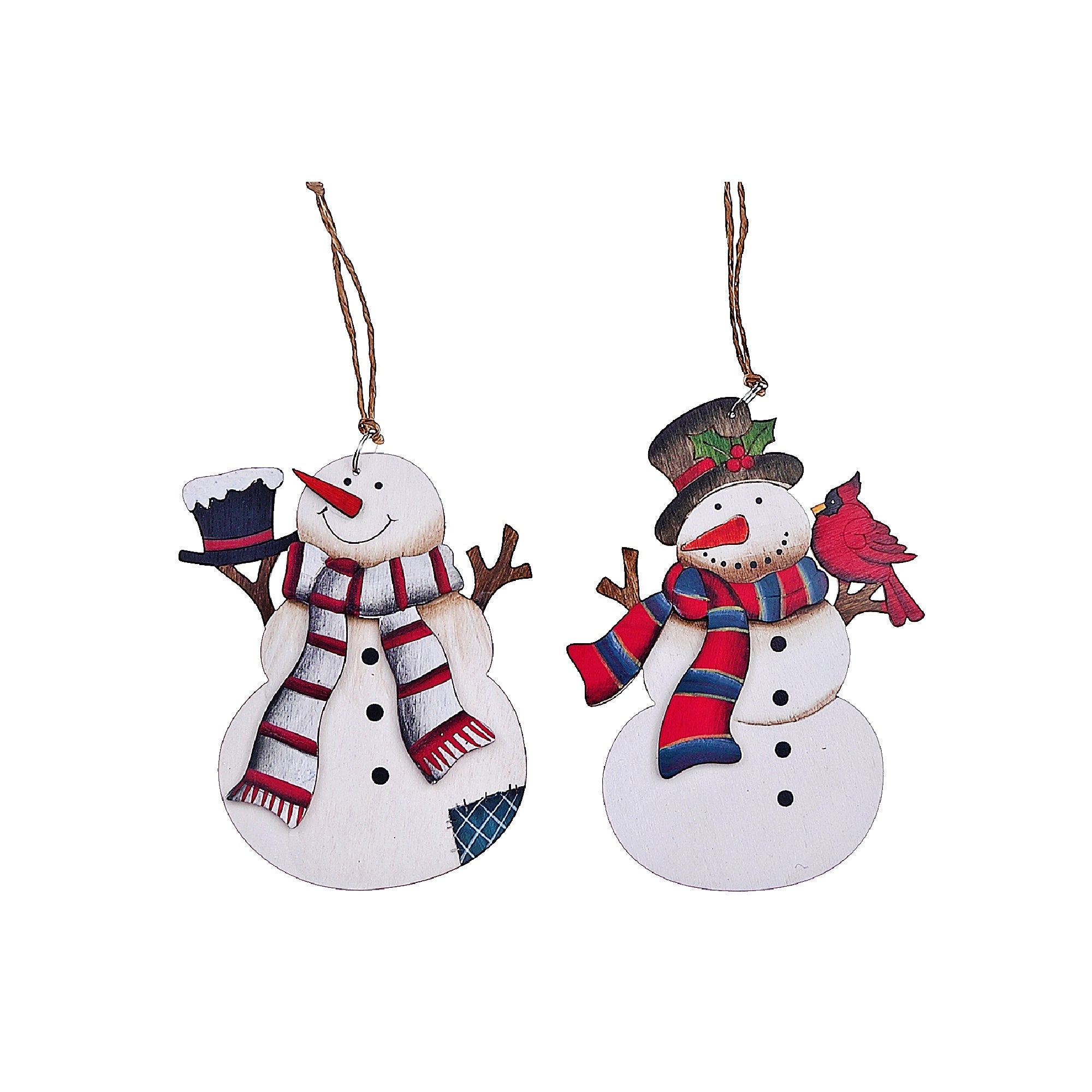 Christmas Wooden Snowman With Scarf Ornament Set Of 2, Holiday Tree Decoration, Rustic Christmas Accent
