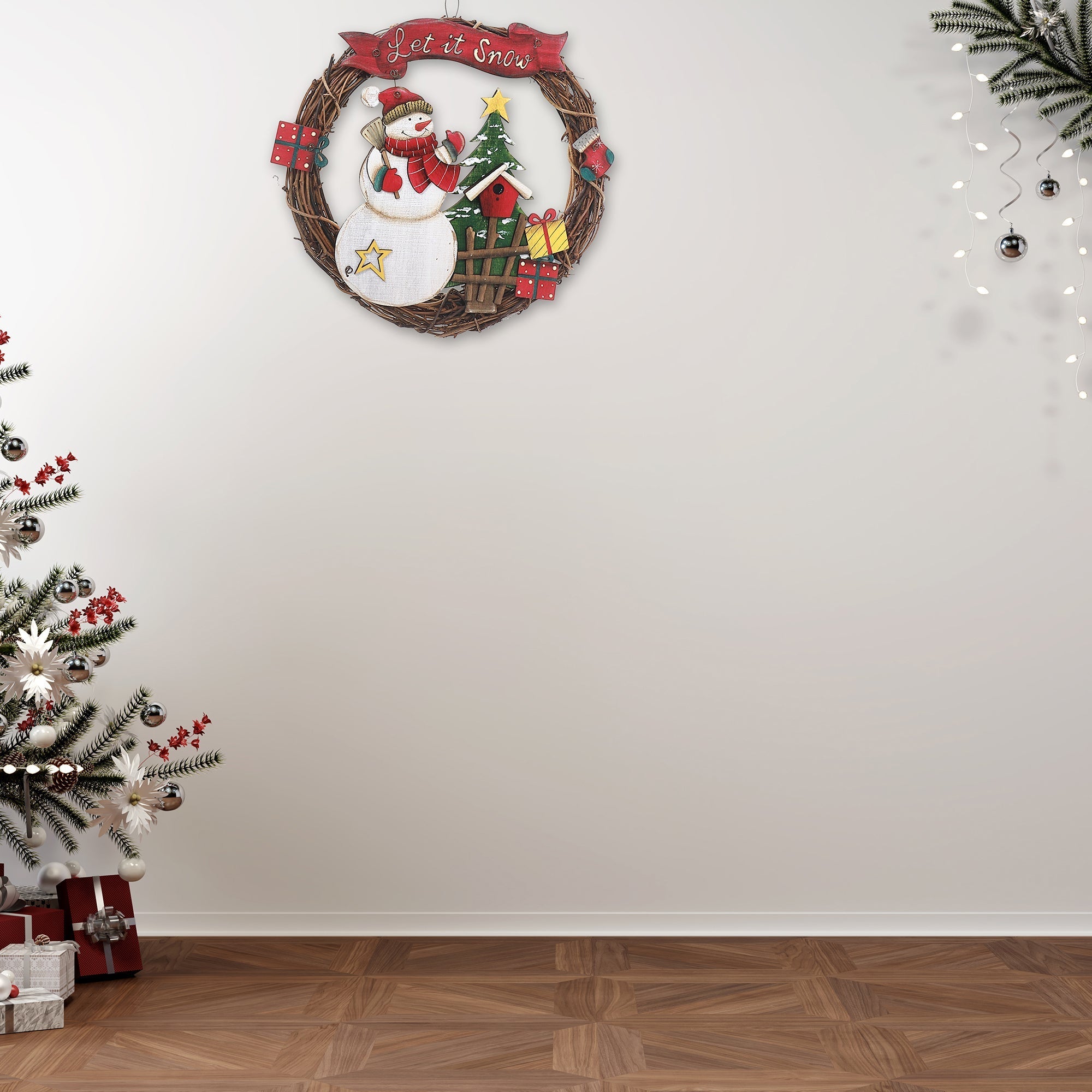 Small Wooden Snowman Wreath Hanger “Let It Snow” – Holiday Wall Decor